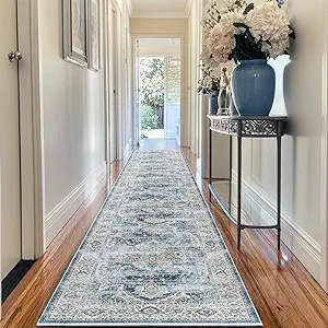 Madane Hallway Runner Rug 2x12, Extra Long Washable Runner Rugs with Rubber Backing, Non Slip Carpet Runner, Vintage Rug Runners for Kitchen Laundry Room Entryway (Navy, 2'x12')