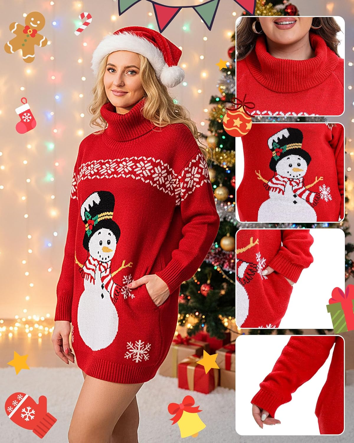 Ugly Christmas Sweater Dress for Women, Santa Hat and Funny Novelty Sweater with Pocket for Xmas Holiday - Image 5