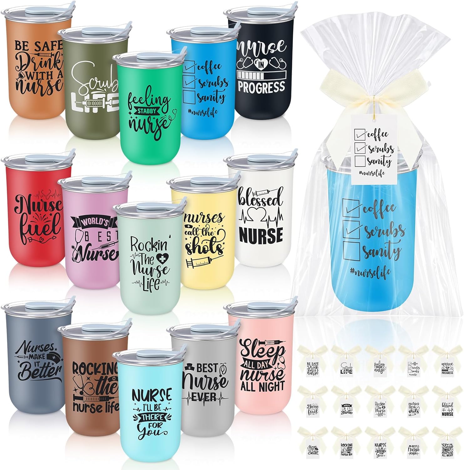 Mifoci 10 Pack Nurse Gifts Bulk for Women Insulated Tumblers with Gift Bags, 10 oz Stainless Steel Insulated Coffee Cups with Lids, RN LPN Appreciation Gift for Nurse's Day Grad (Classic,10 Colors)