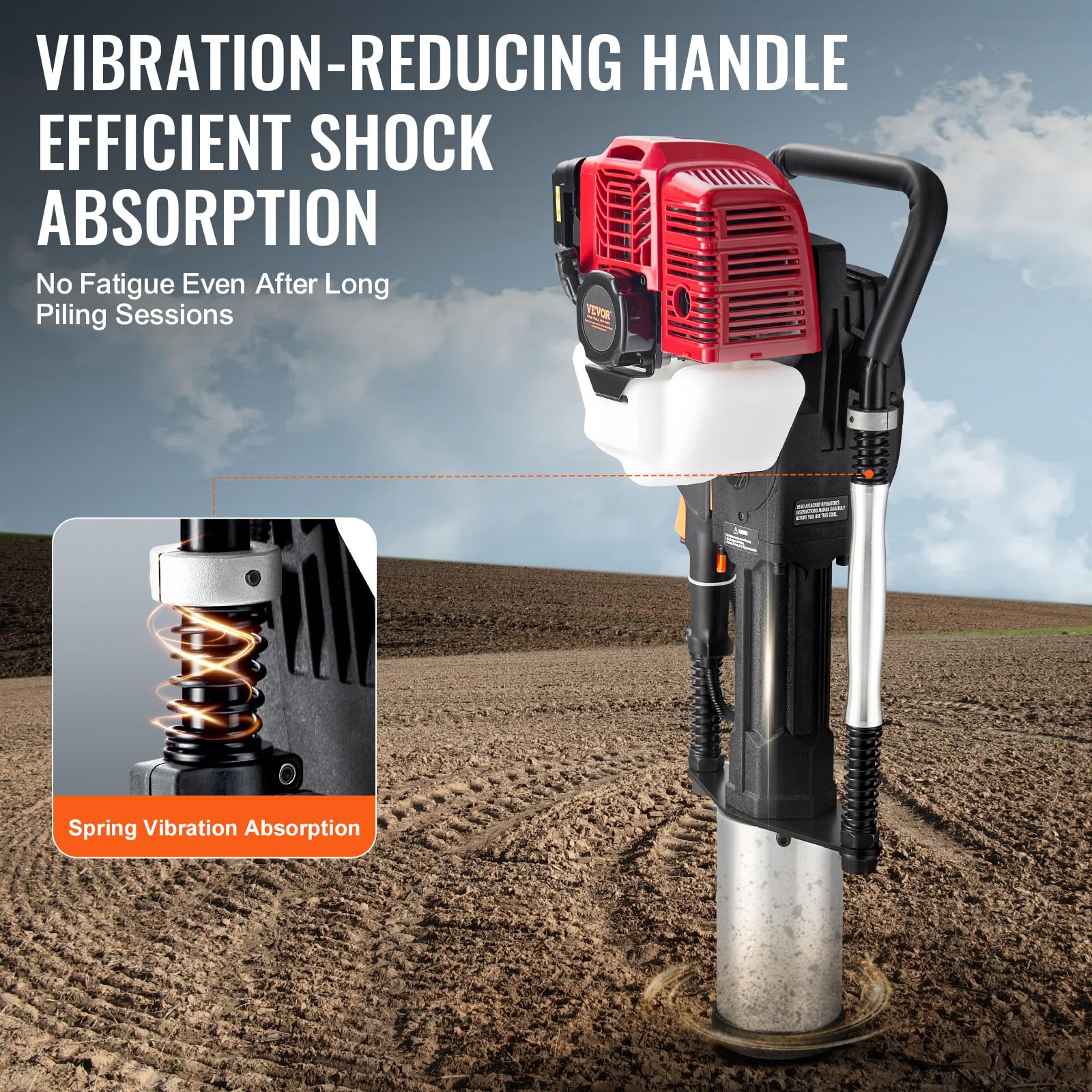 VEVOR 52cc Battipalo a Benzina a T, Battipalo per Recinzioni a Benzina con Motore 2 Tempi, Battipalo Portatile 1400 W con Testa di Guida 3 Pali (49/69/100 mm), per Fattorie, Recinzioni per Ranch