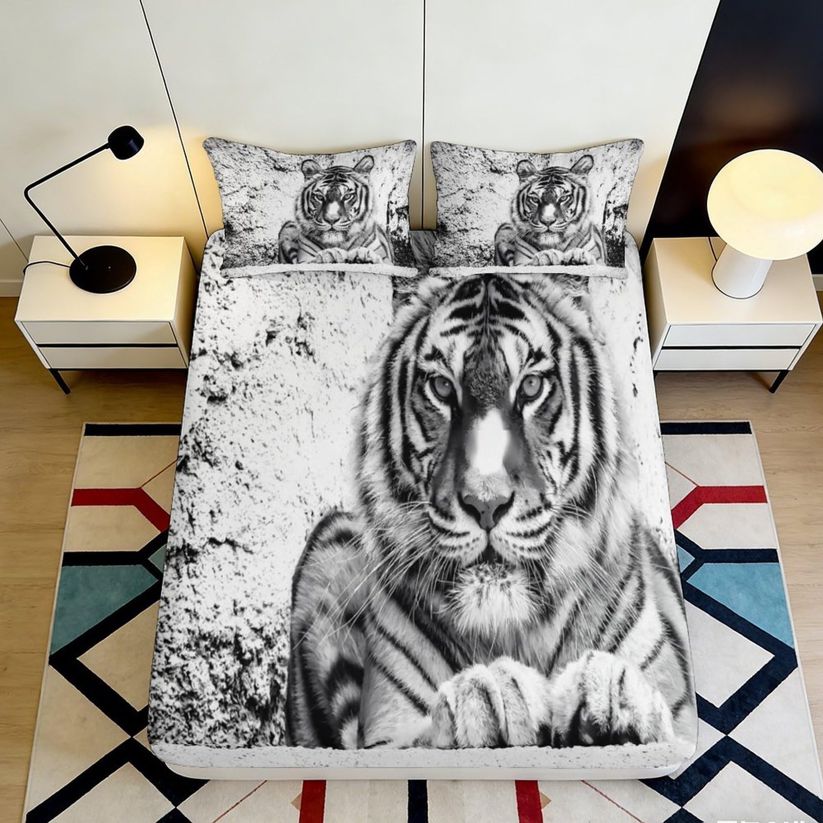 3D Printed Black White Tiger Fitted Sheet Microfiber Soft Durable 3D Printed Tiger Mattress Cover for Bedroom Dormitory Guest Room Protection 140x200x25cm