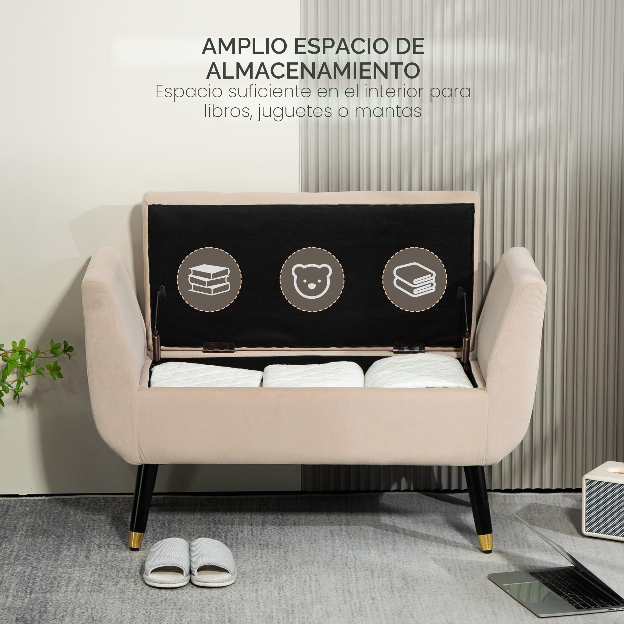 HOMCOM Banco con Espacio de Almacenamiento, reposabrazos tapizado con Aspecto de Terciopelo, baúl con Patas de Madera, Banco baúl para salón, Dormitorio, Pasillo, 107 x 42 x 65 cm, Color Beige