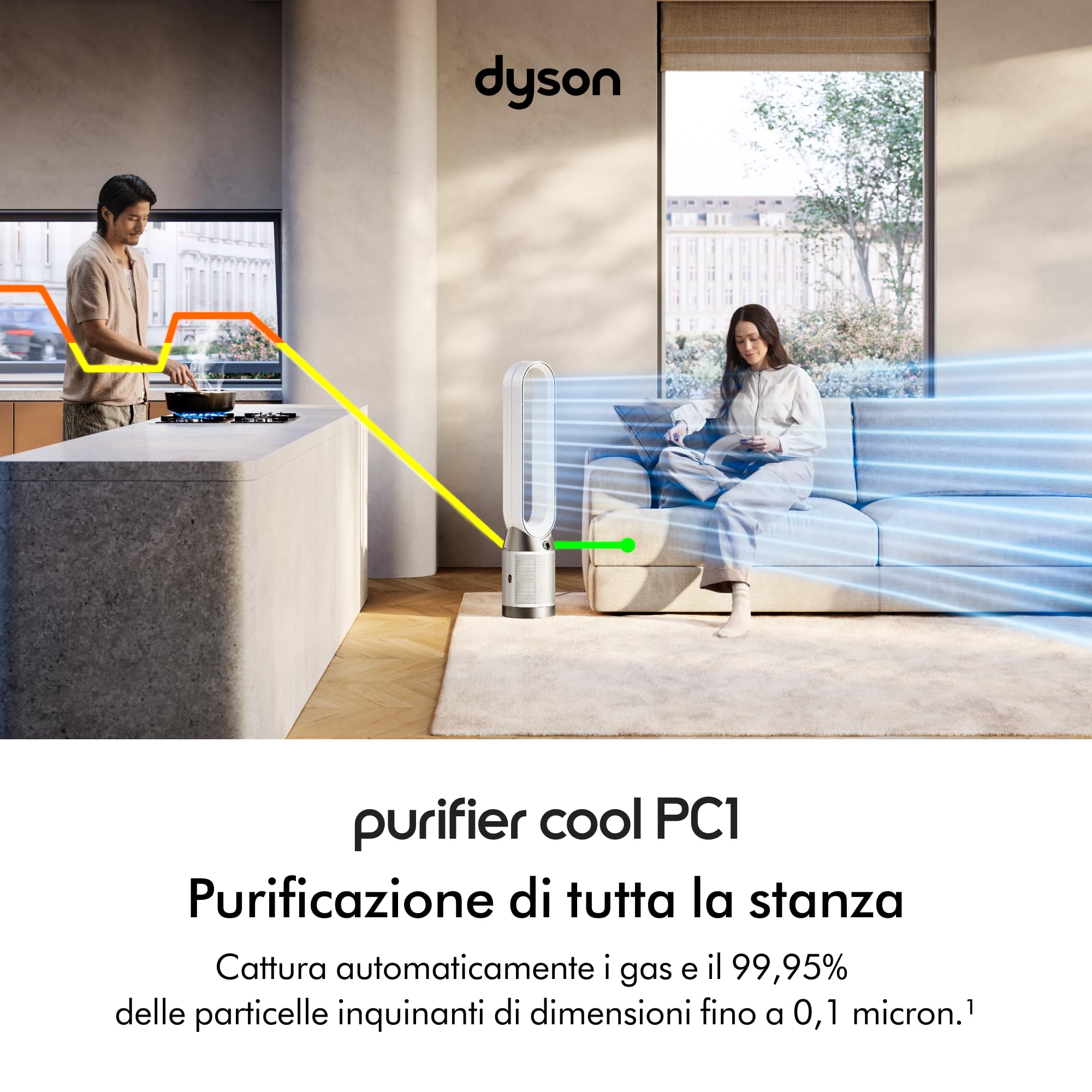 Dyson Purifier Cool™ PC1 Ventilatore a Torre con Purificatore d’Aria – Raffrescamento Potente e Purificazione dell’Aria in Tutto l’Ambiente, Controllo tramite App e Telecomando, Oscillazione a 350°