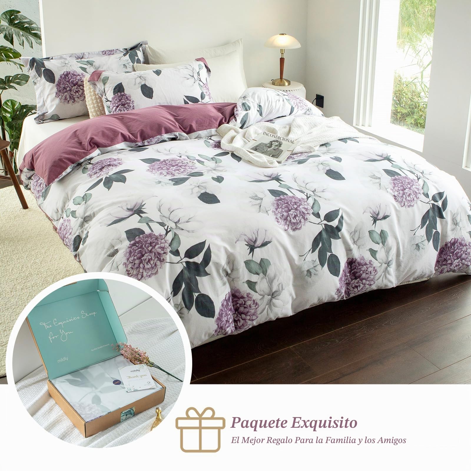 MILDLY Funda de edredón 220x240 de algodón con flores de hortensia violeta, 100% algodón lavado, textura de lino, certificado Oeko-TEX, juego de cama tropical con flores 220x240 de algodón con 2