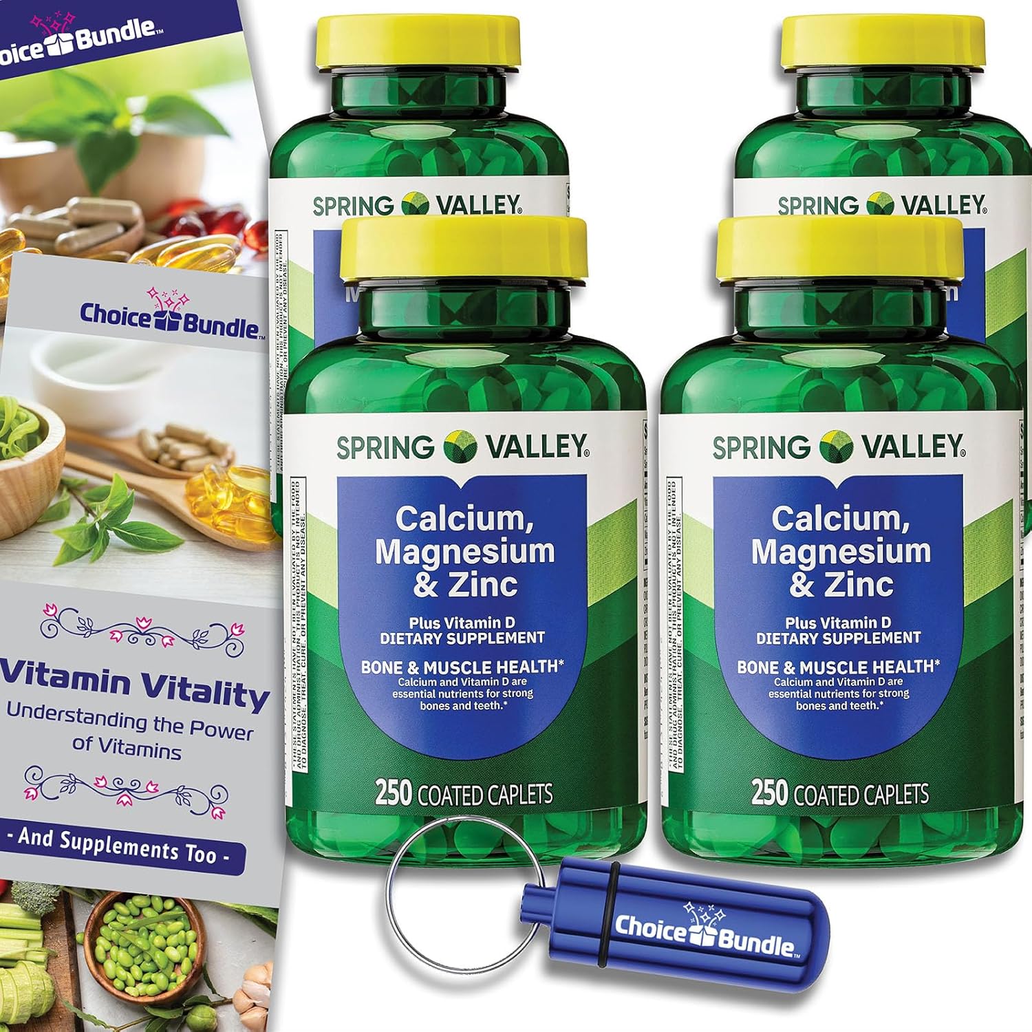 Spring Valley Calcium, Magnesium & Zinc Plus Vitamin D Coated Caplets 250 Ct 4 pk (1000 Total) + Vitamin Vitality & Pill Container (6 Items)!