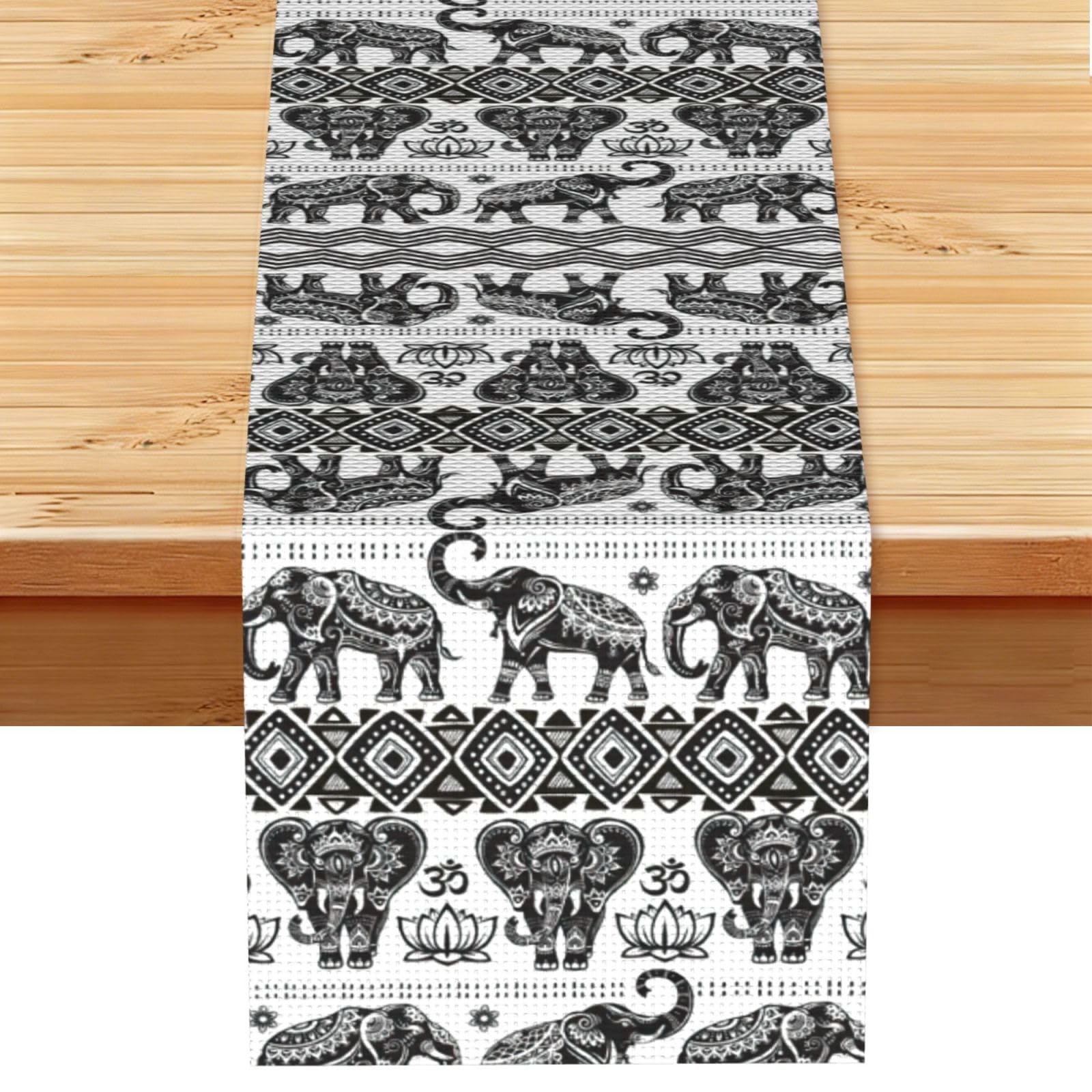 Bohemian Elephant Pattern Printed Dining Table Runner 13x72 Inch, Non-Fading Decor for Kitchen Dresser Fireplace Mantel