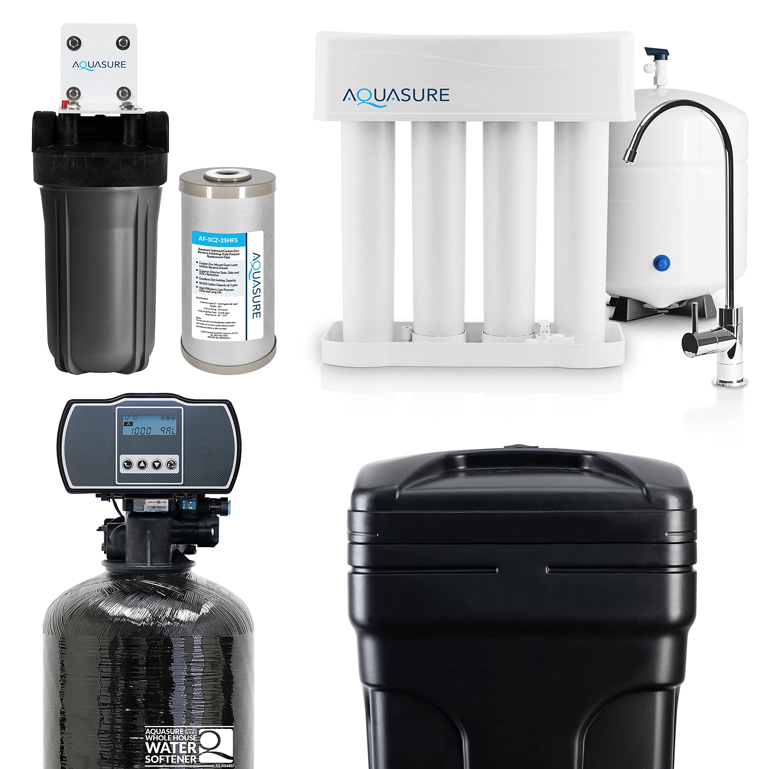 Aquasure Whole House Water Filtration Bundle w/Water Softener, 75 GPD