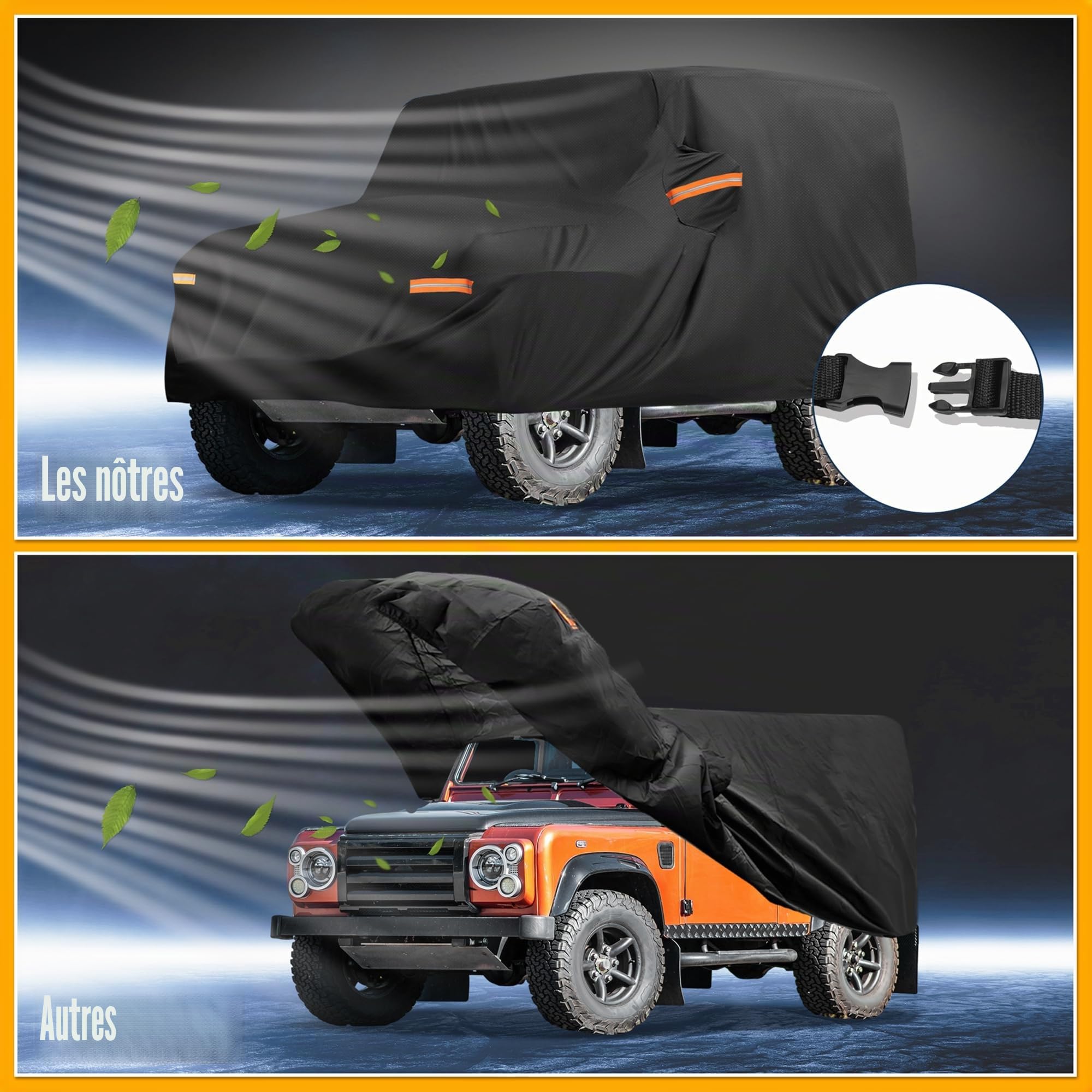 Housse Imperméable Anti-UV pour Land Rover Defender 90 20-24 1pc | Noir, 210D-PU, 468x143x195cm, Extérieur Toutes Saisons, Anti-UV, Protection Soleil Pluie, Sangles Réfléchissantes, 1 Pièce