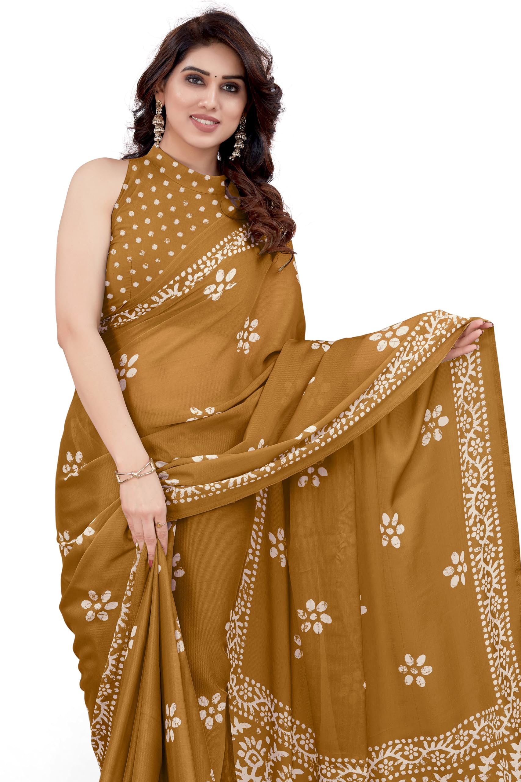 MIRCHI FASHION Women's Latest Chiffon Batik Printed Saree with Blouse Piece, Mustard, White, One Size, Mustard, White, One Size