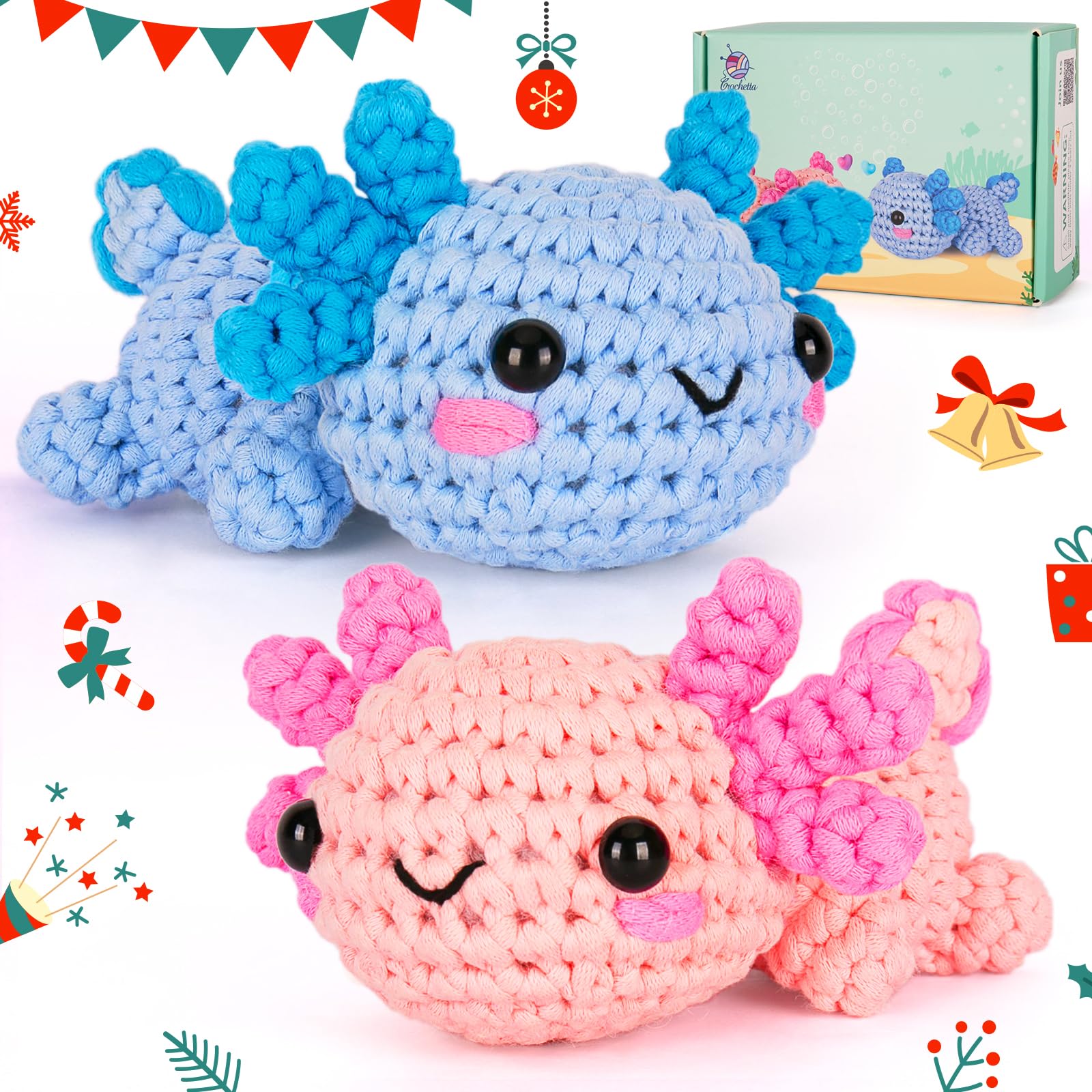 Crochet Kit for Beginner, Crochet Starter Kit w Step-by-Step Video Tutorials, Crochet Kit for Beginners, Beginner Crochet Kits for Adult Kid Women Men Complete Kit Included (Axolotl 2Pack)