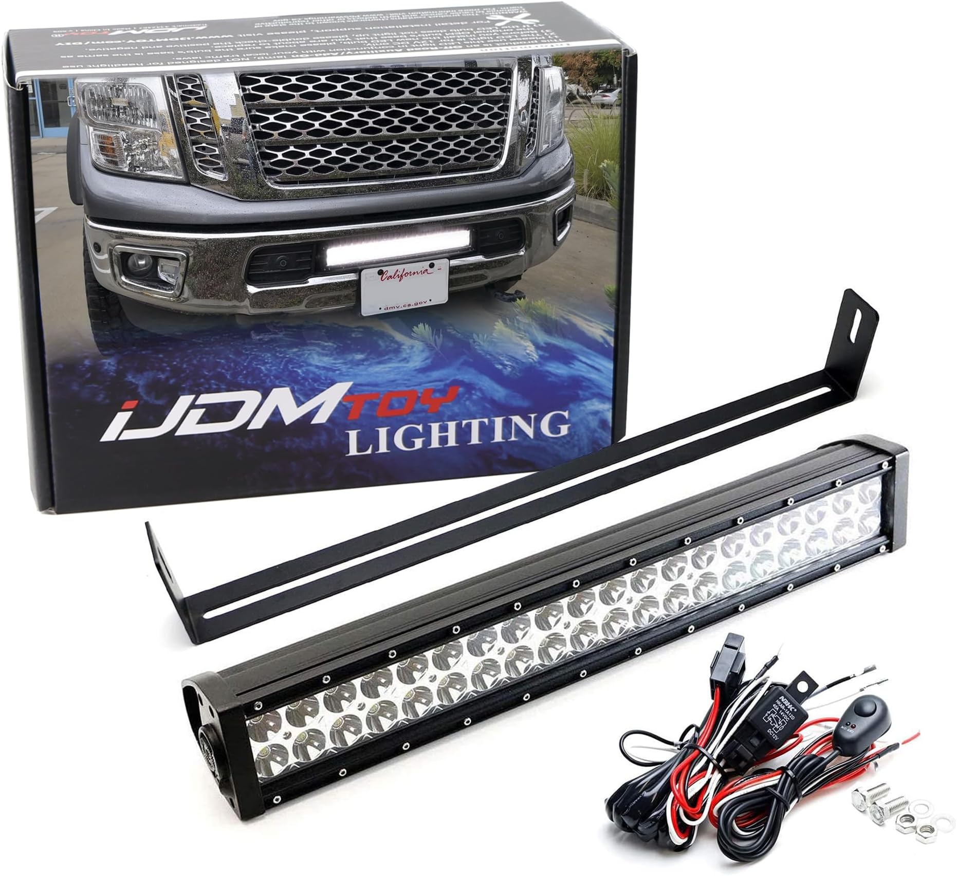 iJDMTOY Lower Grille 20-Inch LED Light Bar Compatible with 2017-up Nissan Titan & Titan XD, Incl (1) 120W High Power LED Lightbar, Lower Bumper Opening Mounting Brackets & On/Off Switch Wiring Kit