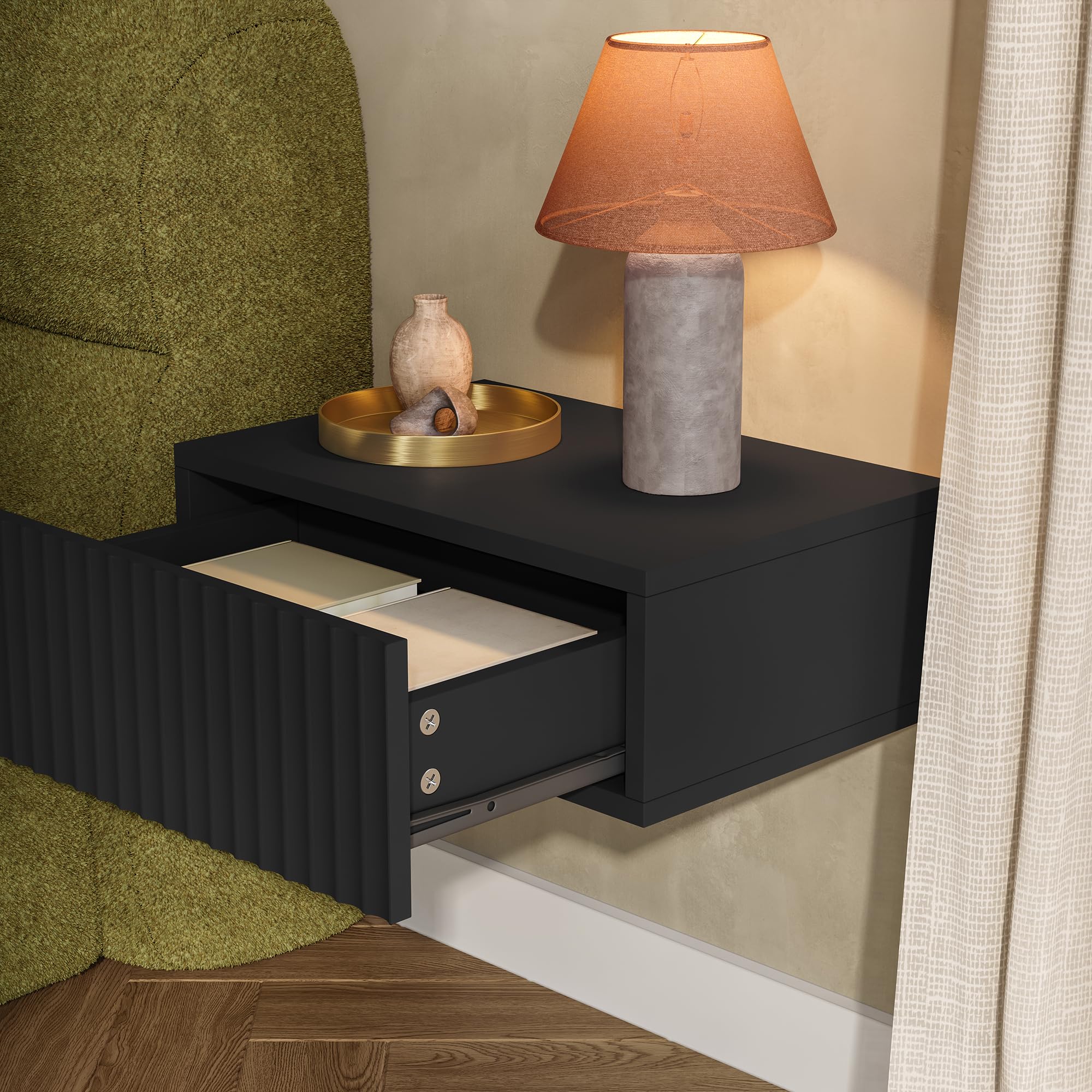 [en.casa] Nachttisch 2er Set hängend Nand 42x30x15 cm Schublade Schwarz | Nachtschrank, Nachtkästchen, Nachtkommode, Wandkonsole, Wandregal mit Schublade, Ablage, Wandmontage, gerillte Front