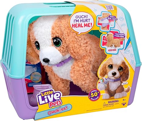 Little Live Pets Ouchies Amazon Exclusive Hazel The Poodle Plush, 50+ Sounds, Limping to Walking Puppy Toy & Carrier, Interactive Toy Dog for Kids 5+