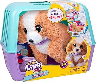 Little Live Pets Ouchies Amazon Exclusive Hazel The Poodle Plush, 50+ Sounds, Limping to Walking Puppy Toy & Carrier, Interactive Toy Dog for Kids 5+