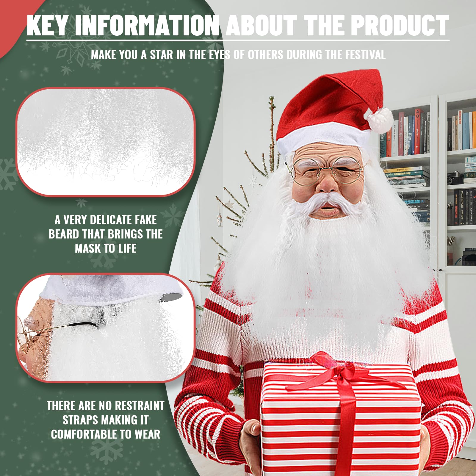 JoyFuncos Santa Claus Mask with Hat Beard Realistic Santa Face Mask Funny Old Man Costume Props for Christmas Adult Men Women Cosplay - Image 4