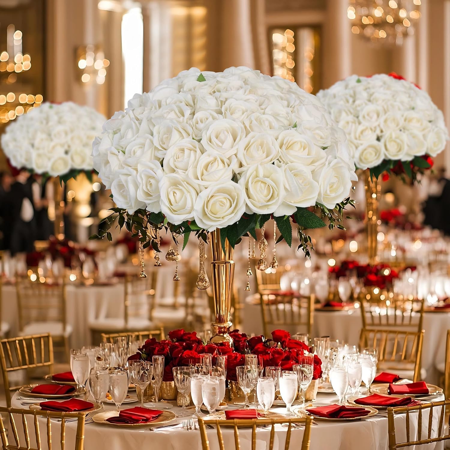 LFF 50 Pcs Realistic White Artificial Roses - Premium Velvet Faux Flowers for Wedding Bouquet, Centerpieces, Home & Party Decoration(White) - Image 8