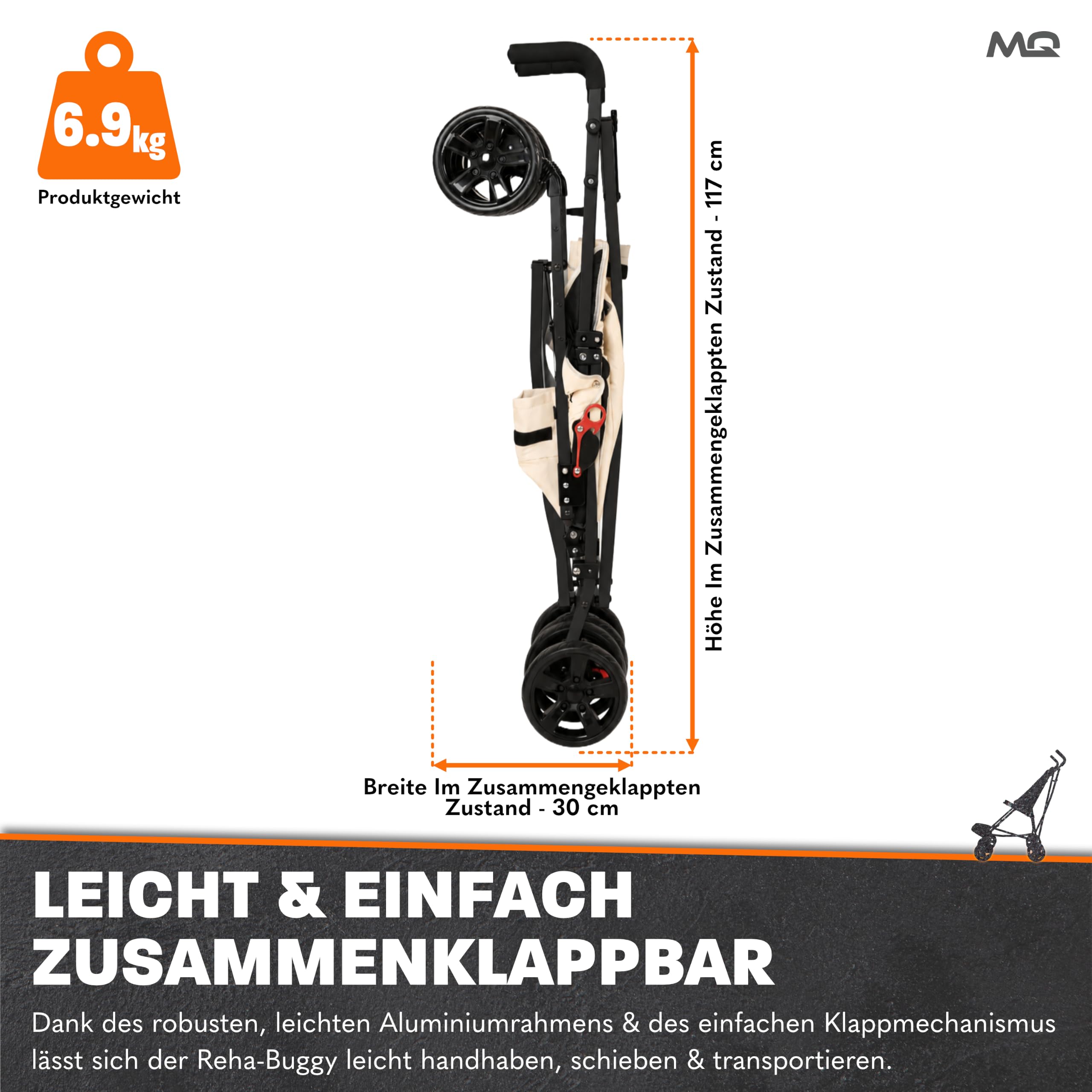 MobiQuip XL Reha-Buggy bis 50 kg Rehabilitations-Kinderwagen für Kinder mit besonderen Bedürfnissen Leichter, faltbarer Aluminiumrahmen Verstellbare Fußstütze 5-Punkt Sicherheitsgurt Sand