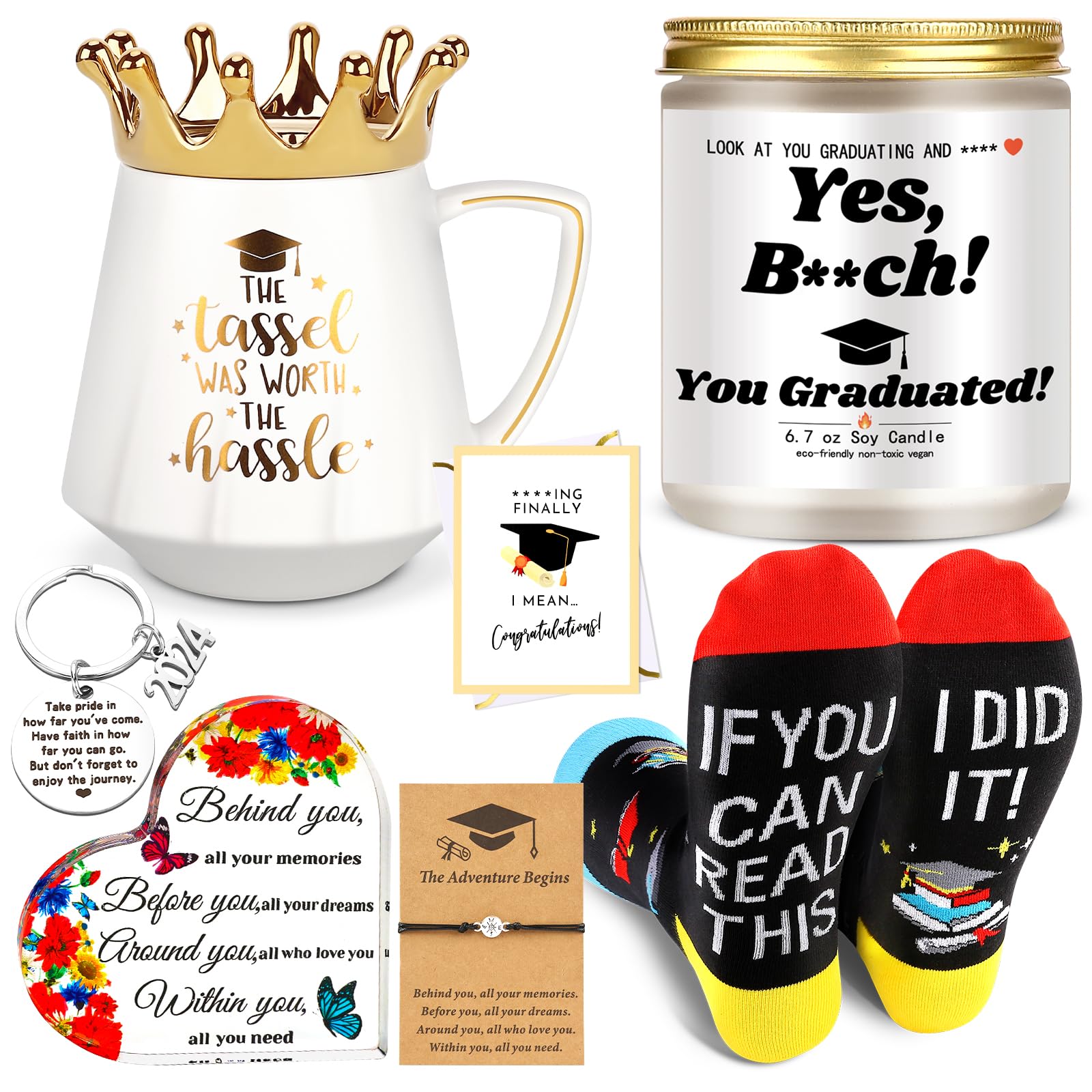 2024 Graduation Gifts for Her Graduation Coffee Mug with Crown Lid Scented Candle Funny Socks Acrylic Keepsake Compass Bracelets Keychain Graduated Congratulations Gifts for Women Friend (Graduation)