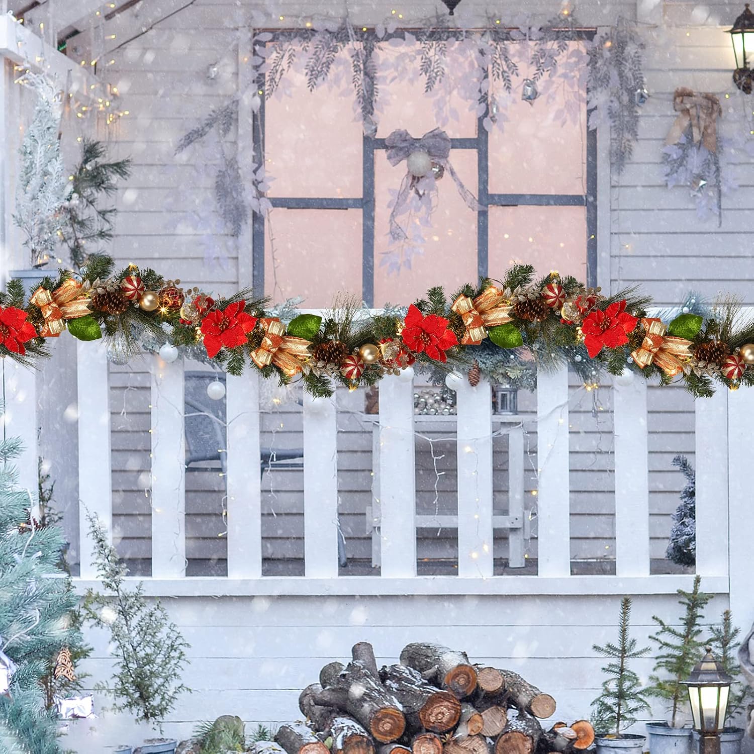 LinTimes Christmas Garland with Lights, Pre-lit Red Garland Decoration with 20 LEDs, Battery Operated Garland with Red Flowers Ball Ornaments Gold Bow, Mantle Fireplace Holiday Party Decoration