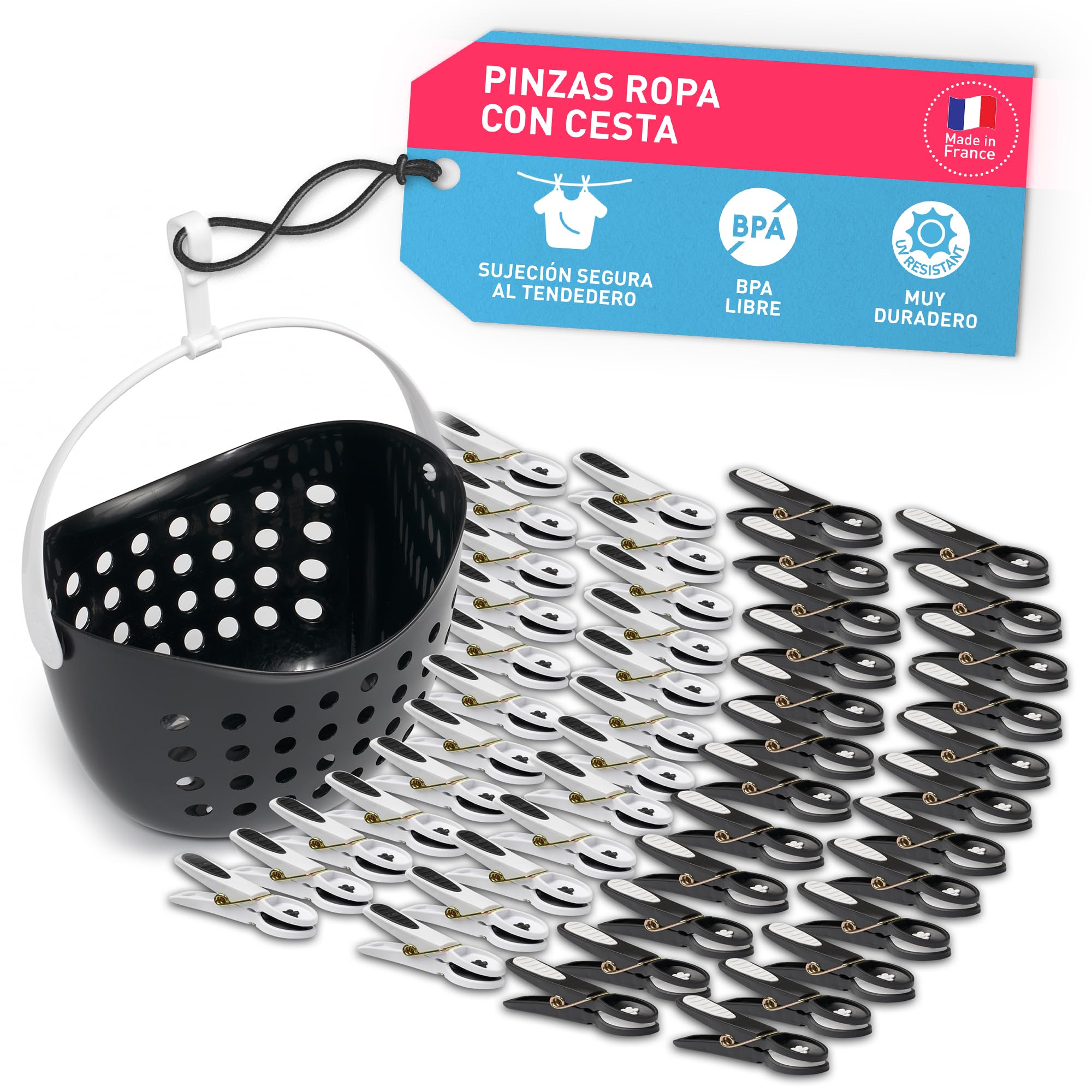 Culiclean - Pinzas para la ropa prémium, varios modelos, plástico, Color blanco y negro con cesta blanca y asa negra., 40 Stück+ 1 Korb