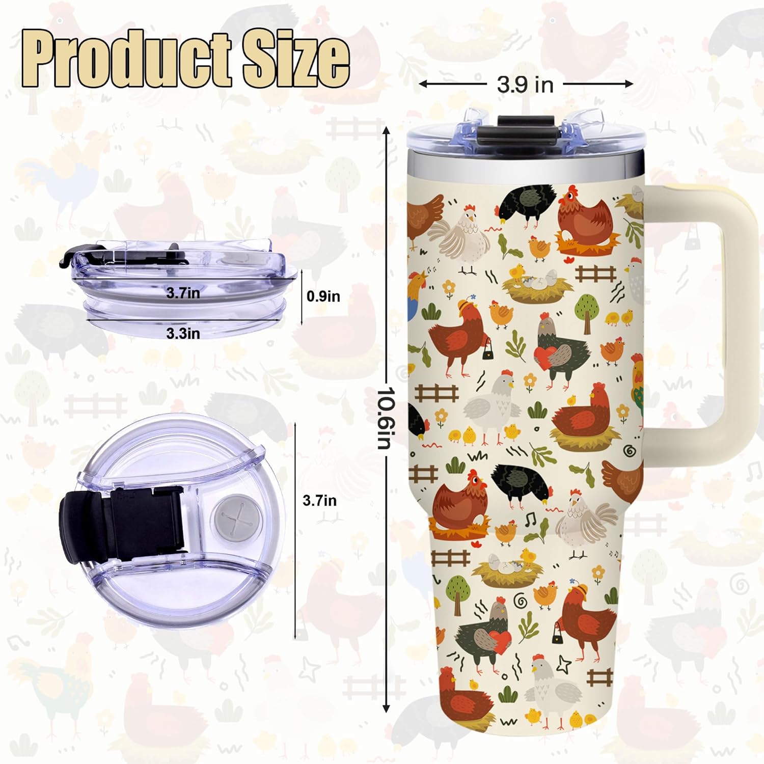 Chicken Gifts for Women - Chicken Tumbler with Handle, 40 oz Stainless Steel Tumbler Vacuum Insulated Coffee Cup Travel Mug, Mothers Day & Birthday Gifts for Women Chickens Lovers (with Lid and Straw) - Image 6