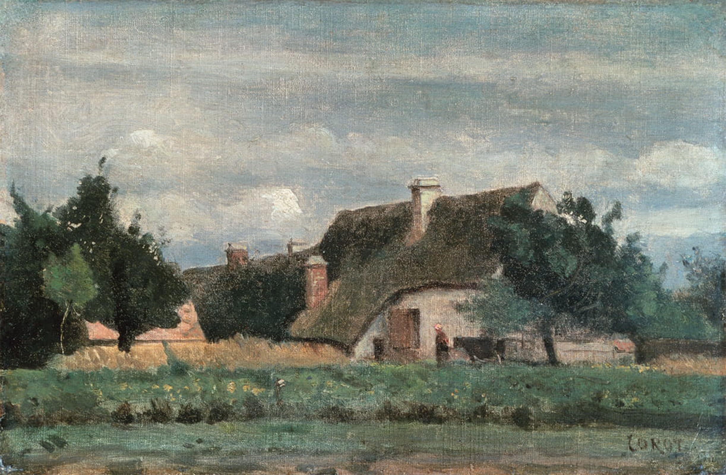 SERENDIPITP Abstract Painting Mural Print Picture Wall Decor Painting Country Scene Woman with a Cow by Jean Baptiste Camille Corot Vintage Wall Artwork for Home Decor 60x90cm