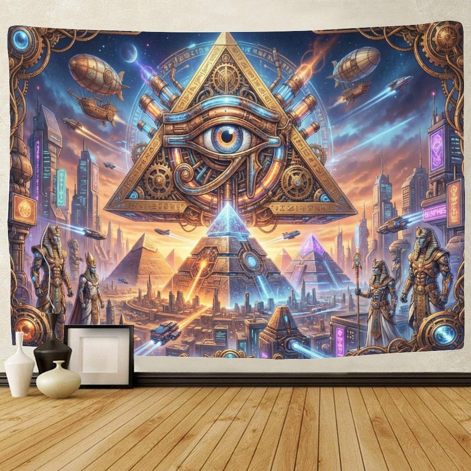 GPMNBCXZK Egyptian Eye of Horus 3D Pyramid Steampunk Wall Art Tapestry Living Room Bedroom Dorm Decor 100cmx150cm