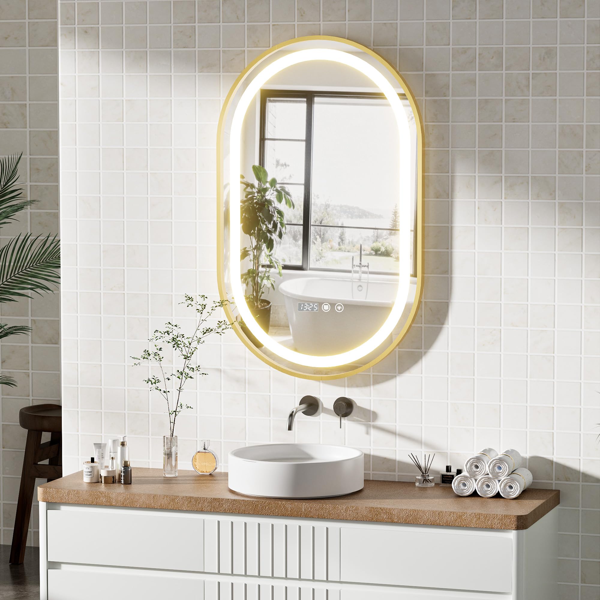 Espejo Baño con Luces y Función de Desempañado 50x80 cm Ovalada LED Espejo de Pared con Reloj y Pantalla de Temperatura para Baño (Enchufe- EU)