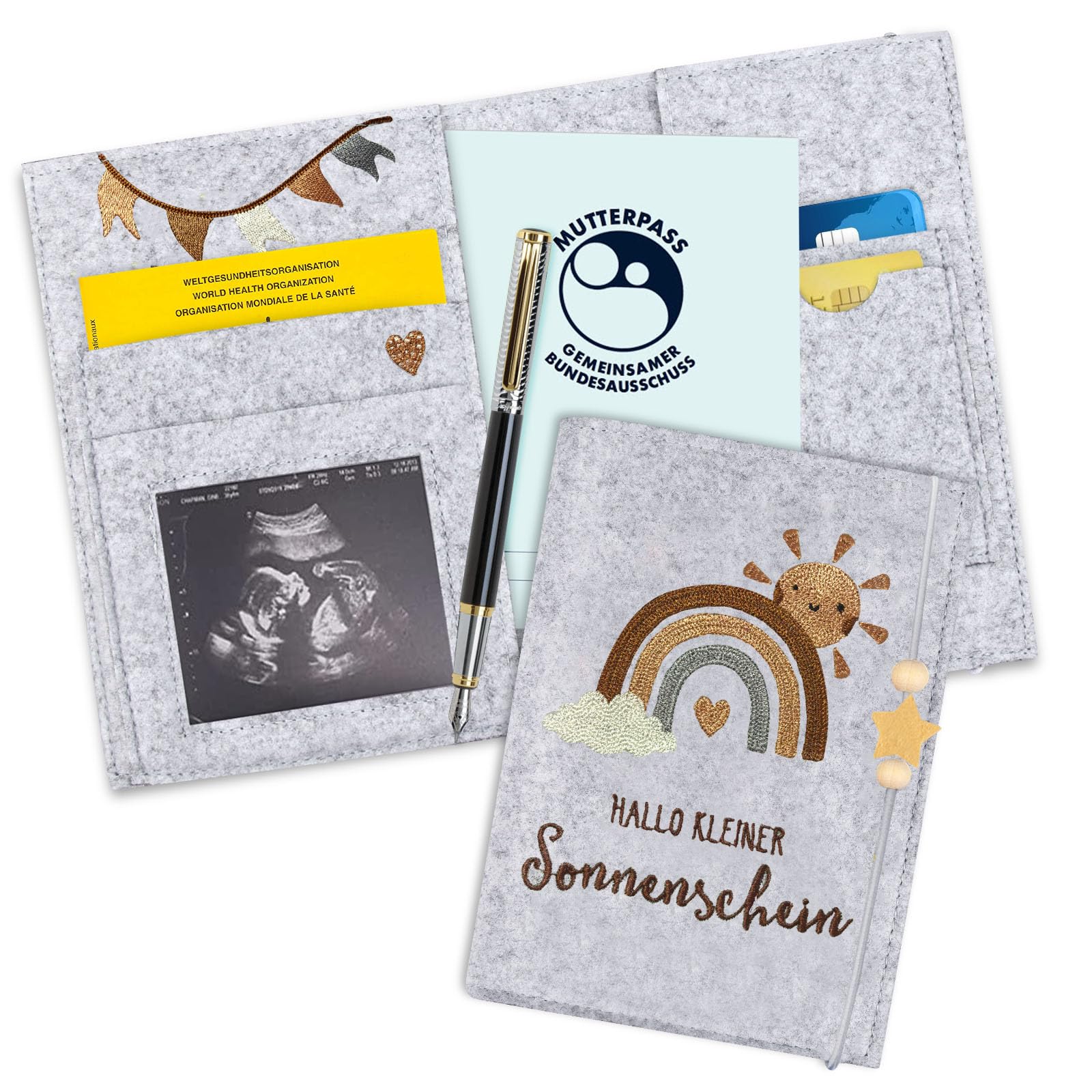 Mutterpasshülle aus Filz für Deutschen Mutterpass, Mutterpass-Schutzhülle zur Aufbewahrung von Impfpass usw,Süßes Geschenk für Schwangerinen und Zukunftige Mütter (Regenbogen hellgrau)
