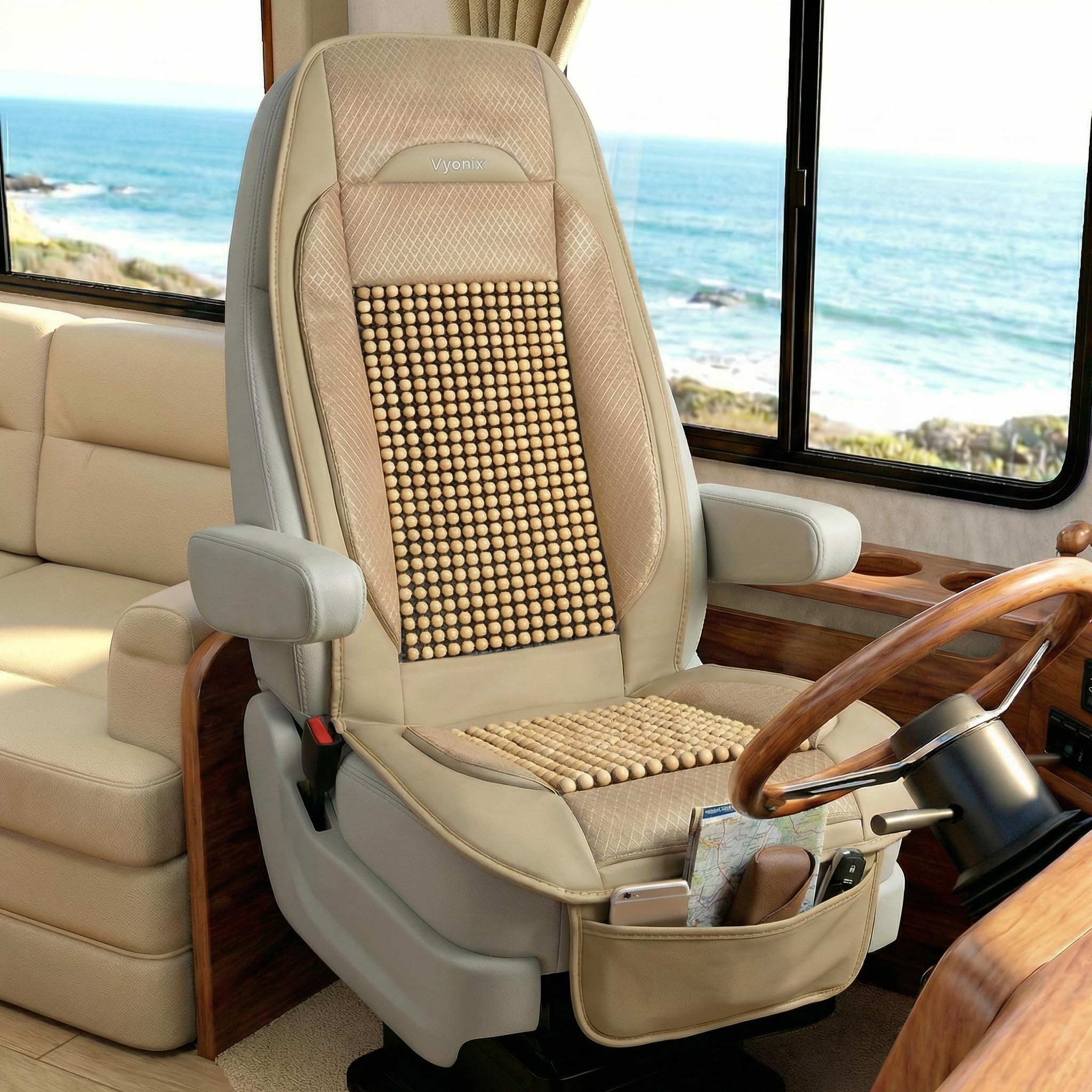 RV Seat Covers for Captain Chairs – Beaded Breathable Cooling Seat Covers for Motorhome & Camper Front Seats, Massage Comfort, Tan – 2 Pack
