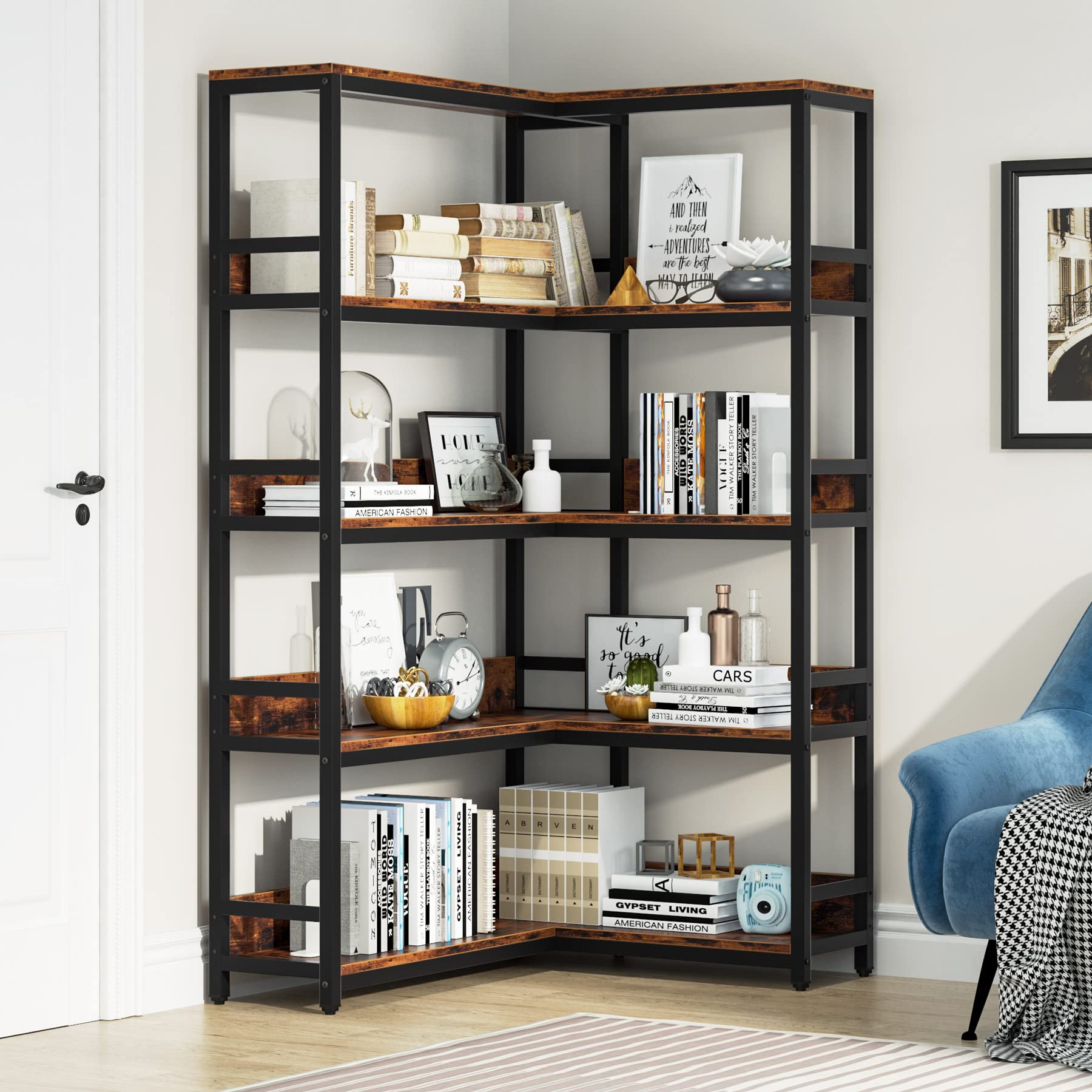 Tribesigns 5 Tier Industrial Corner Shelf Bookcase Unit, Tall Vintage