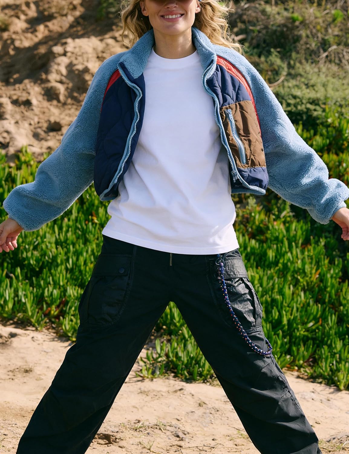 Womens Fuzzy Fleece Jacket Cropped Zip Up Long Sleeve Casual Outwear Warm Winter Patchwork Jackets - Image 3