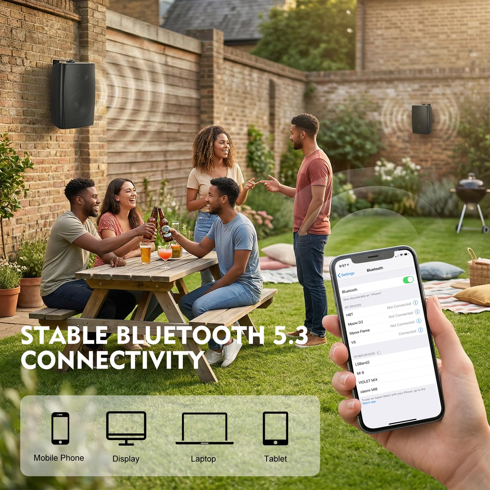 Herdio 6,5 Zoll Bluetooth-Outdoor Lautsprecher wasserdicht mit leistungsstarken Bass Wandmontage Lautsprechern Allwetter-Haltbarkeit für Innen im Freien im Freien Home Deck Veranda (Paar, Schwarz