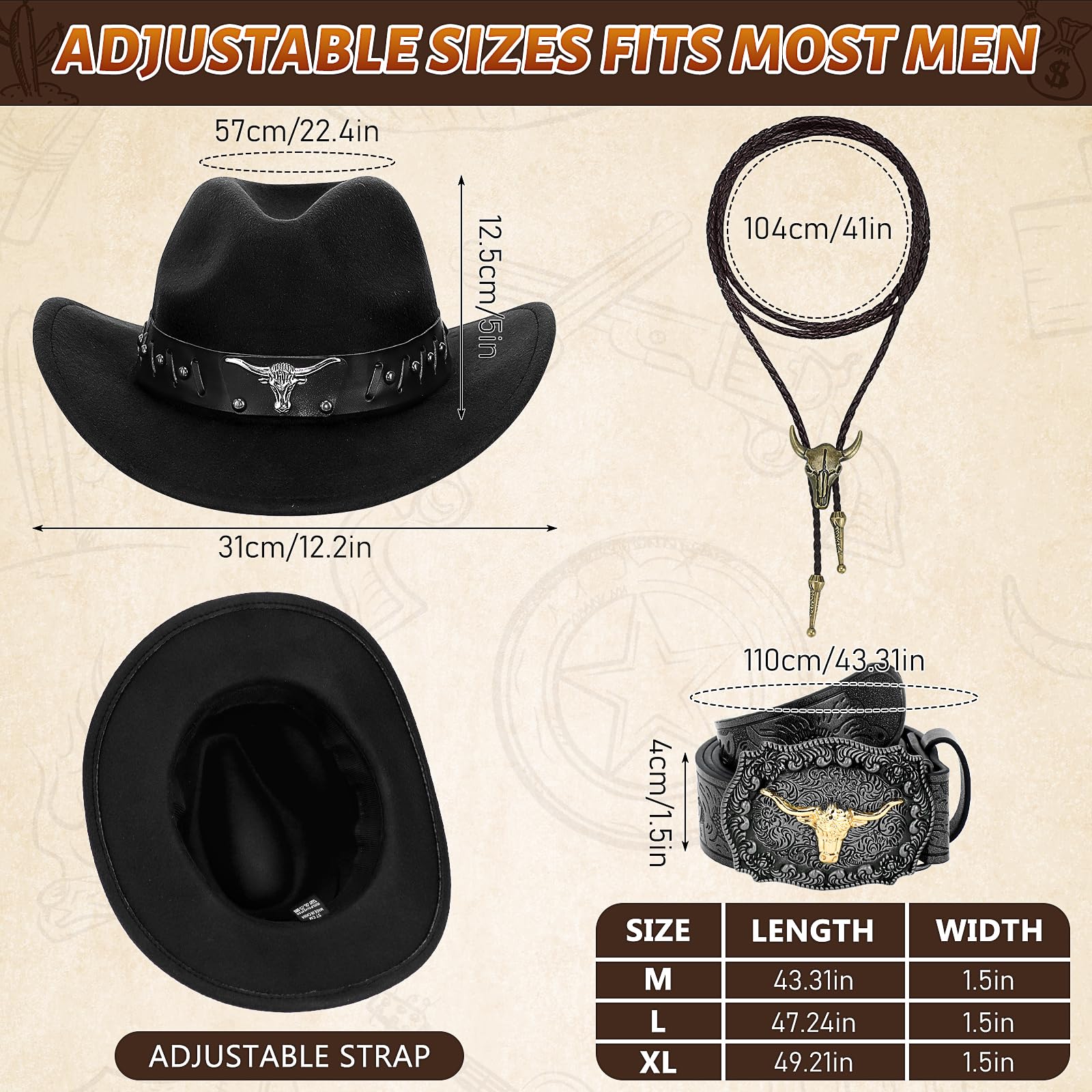 MALLOOM Ensemble de 4 Pièces Tenue Western pour Homme – Gilet Cowboy en Suédine, Chapeau, Cravate Bolo et Ceinture avec Boucle pour Déguisement Halloween