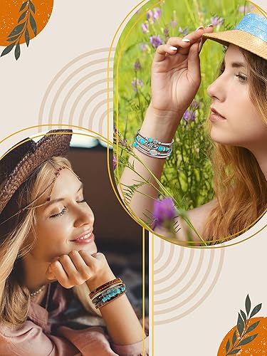 Miniatura 4 de Inbagi 3 piezas pulsera de turquesa para mujer pulsera de cuero joyería occidental para mujer brazalete de plata tipo puño, Talla única, No es una