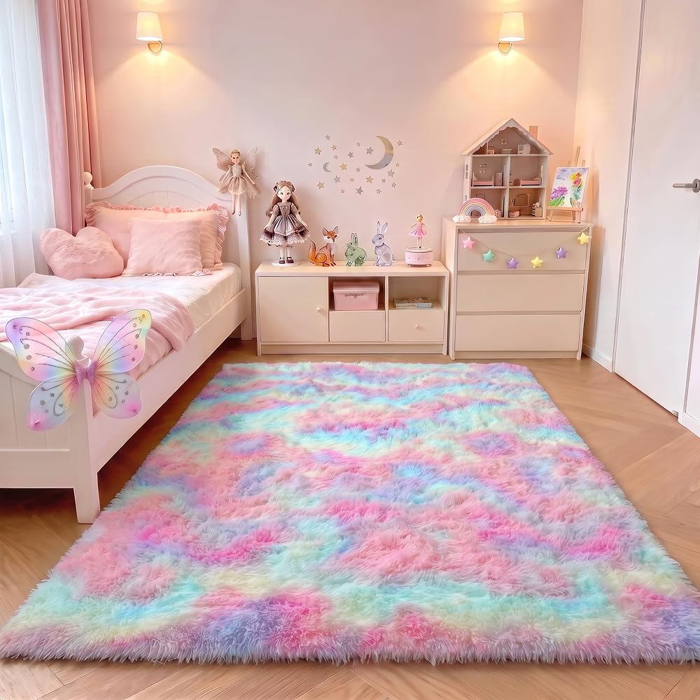 Rainbow Area Rugs for Girls Bedroom Living Room, Fluffy 4x6 Kid Bedside Rug | Colorful Soft Plush Cozy Shaggy Indoor Non-Slip Floor Carpet for Nursery Teen Dorm Playroom Home Office Vanity Closet Decor