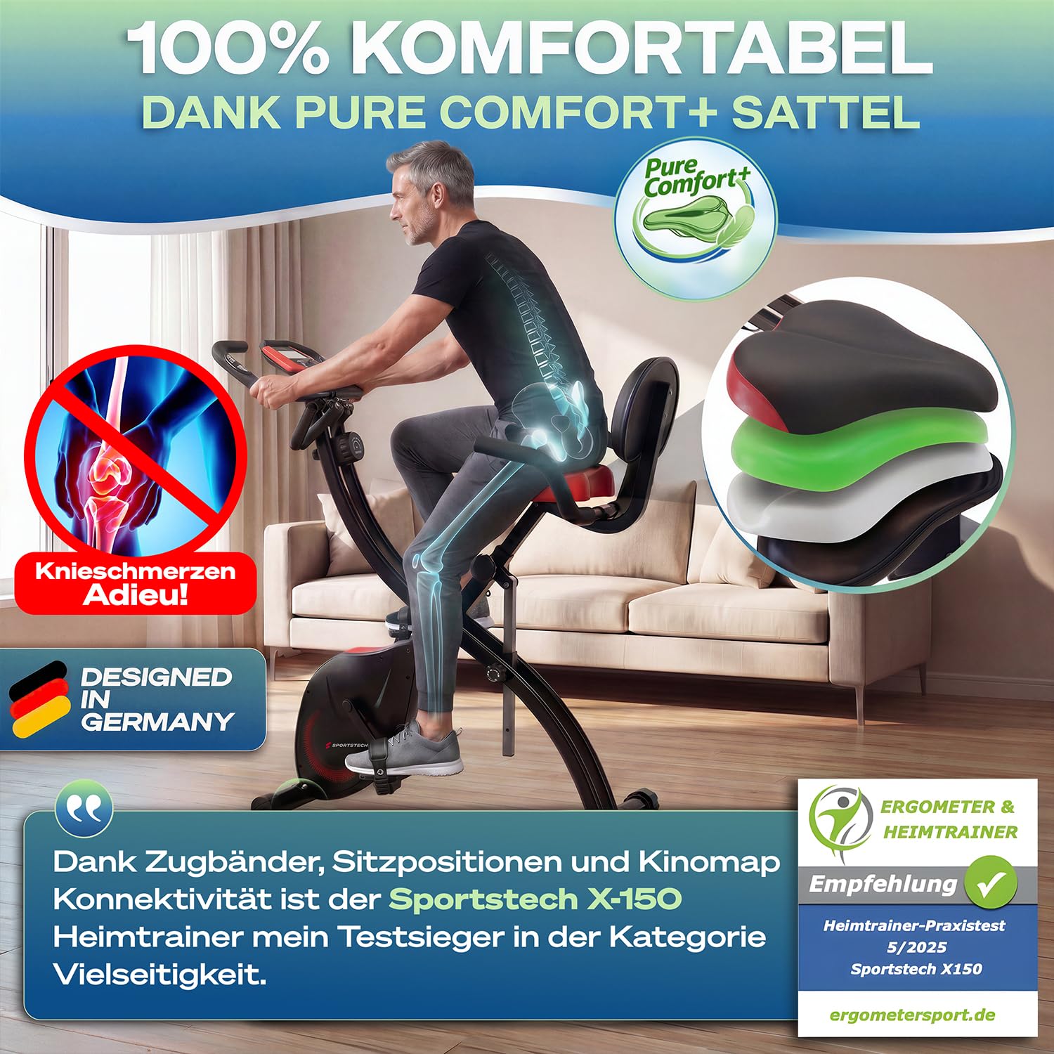 Sportstech Heimtrainer fahrrad Klappbar 3in1, [CurvedX] tiefer Einstieg, bis 150 KG, Ergometer, Hometrainer fahrrad, Ergometer Heimtrainer Senioren, Fitnessbikes, fitnessgeräte für zuhause, X150