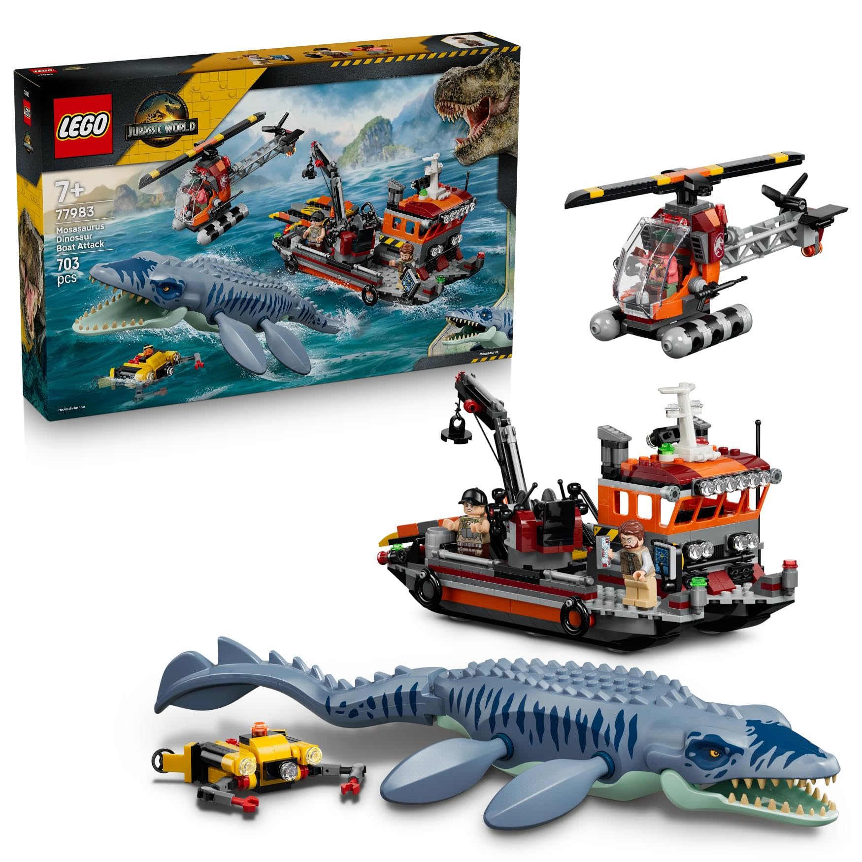 LEGO Jurassic World Mosasaurus Dinosaur Boat Attack Toy - Cargo Ship, Dino Figure, Helicopter & 3 Minifigures - Birthday Gift for 7+ Year Old Boys, Girls & Rebirth Movie Fans - 77983