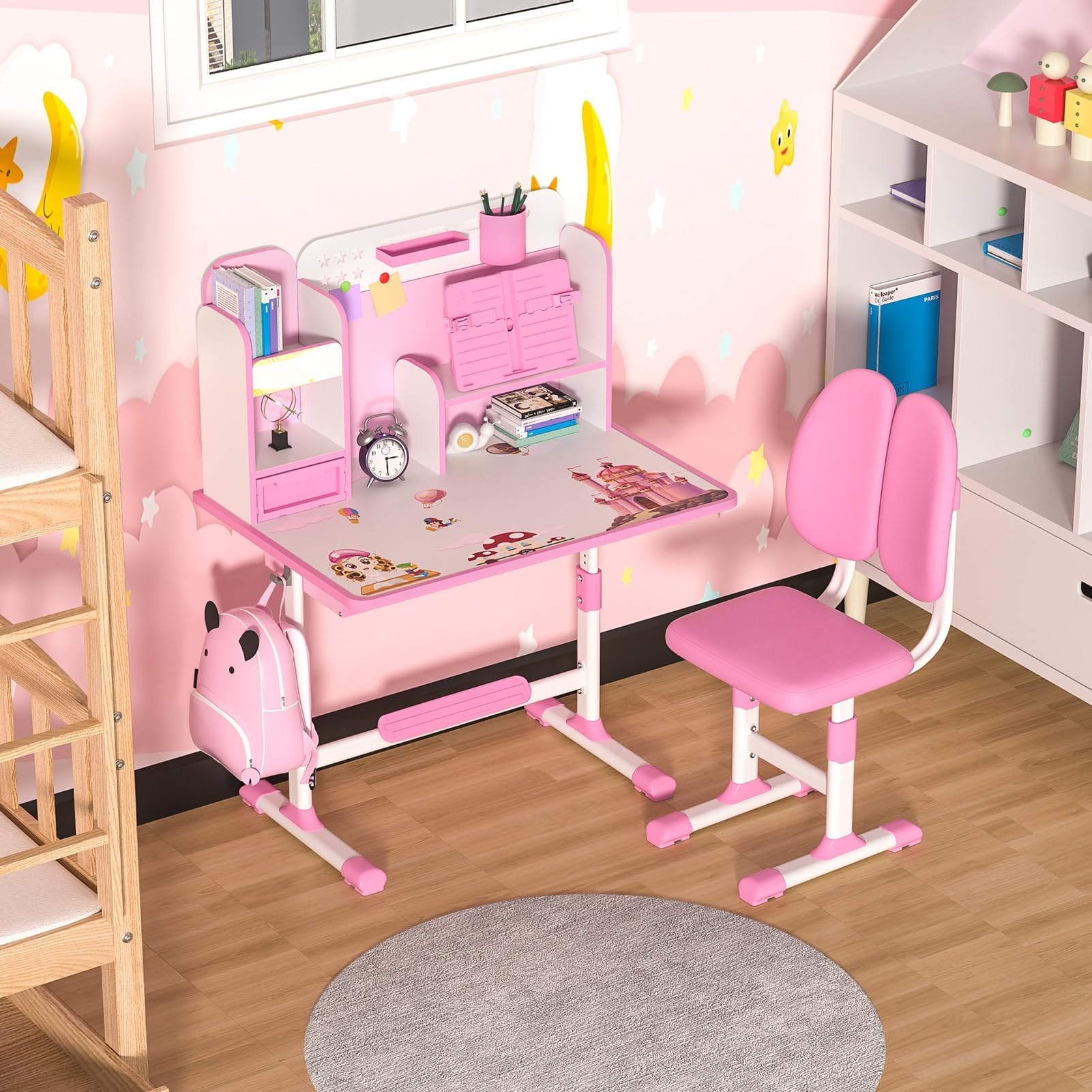 Kinder-Schreibtisch- und Stuhl-Set, Kinderschreibtische, Jungen und Mädchen, Schreibtisch für Kinderzimmer, höhenverstellbar, Kinder-Studiertisch und Stuhl-Set mit Sitzkorrektur, Schublade