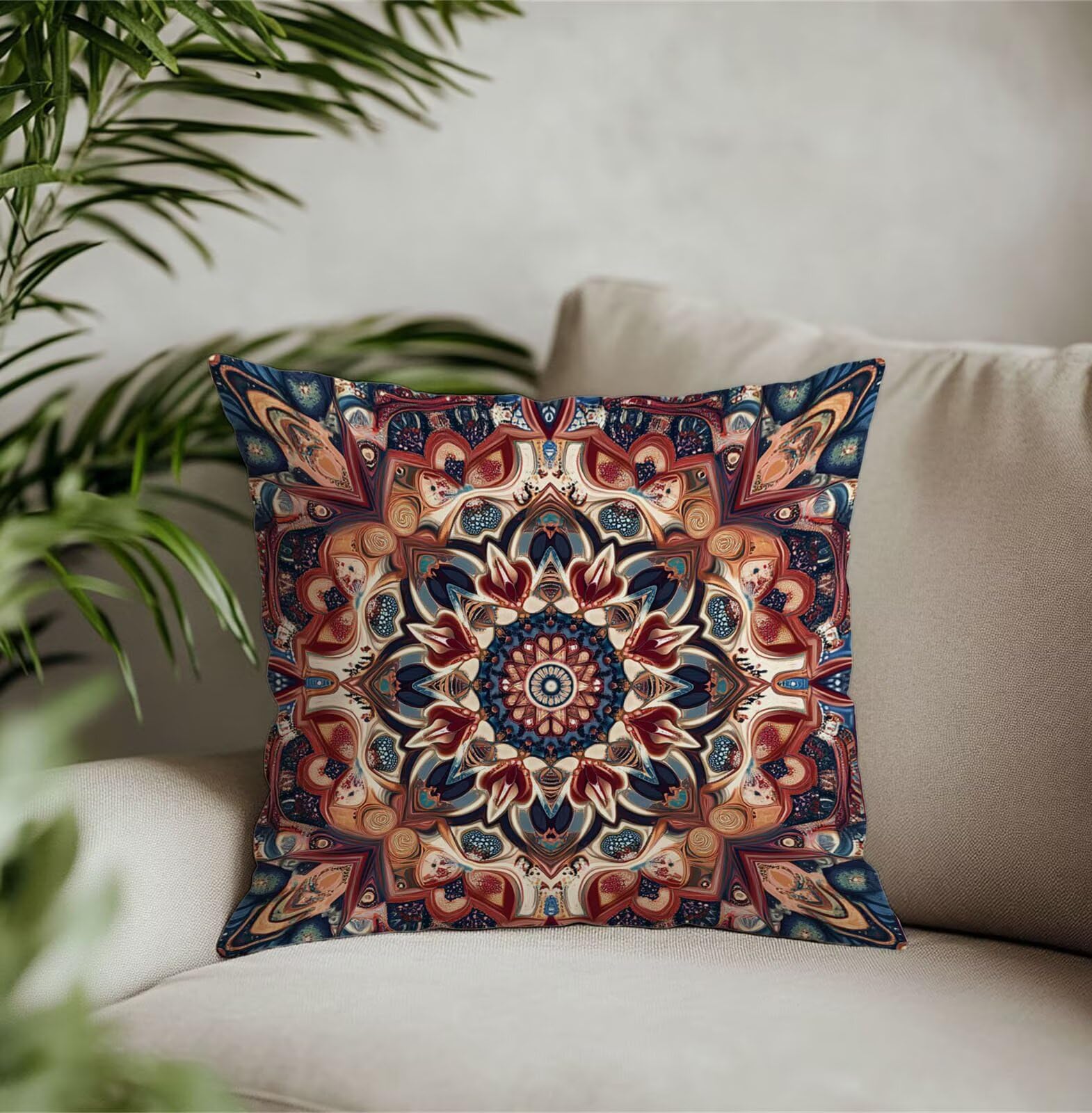 TG-35 czerwona poszewka na poduszkę, 75 x 75 cm, mandala, zestaw 2 poduszek dekoracyjnych, wygląd lnu, poliester, na zewnątrz, odporna na warunki atmosferyczne, na lato, wodoodporna, na patio, do