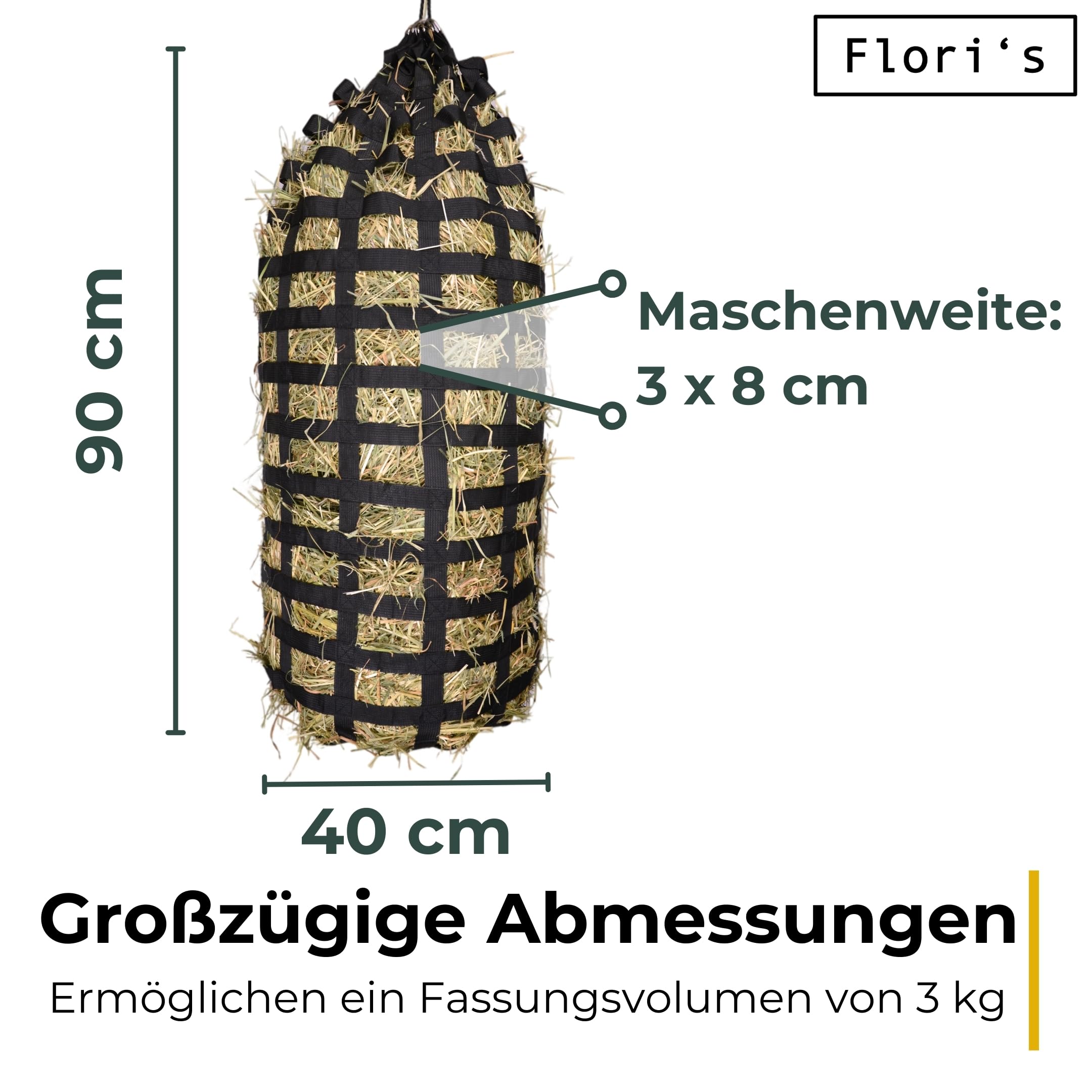 Flori's Heunetz für Pferde engmaschig 90 x 60 cm bis 3 kg Premium Heusack
