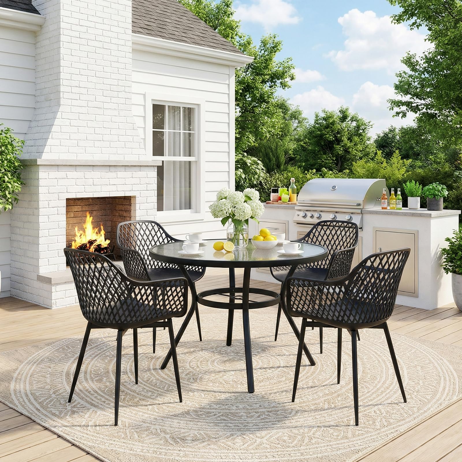 buybyroom Chaise de Jardin Exterieur, Lot de 4 Chaise Plastique avec Accoudoir et Pied en Métal, Fauteuil Jardin Exterieur pour Terrasse, Balcon, Salle a Manger, Salon, Dossier à Design Ajouré, Noir