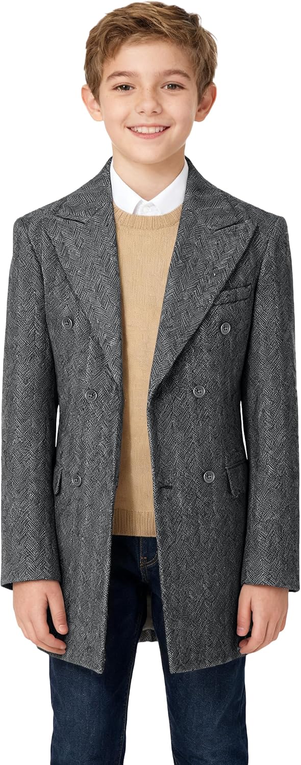 Boys Trench Coats Tweed Double Breasted Trench Coat for Boys Peacoat Kids Winter Overcoat for Boy Dress Coat Casual