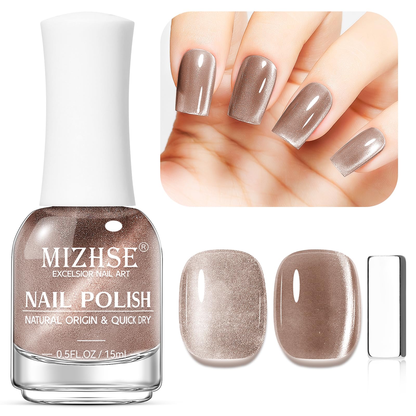 MIZHSE Cat Eye Nail Polish: Quick Dry Nail Polish with Magnet Air Drying Fast Champagne Color Nail Lacquer 15ml Cateye Nail Polish for Women Girl Non-Gel Nail Art Manicure DIY Home