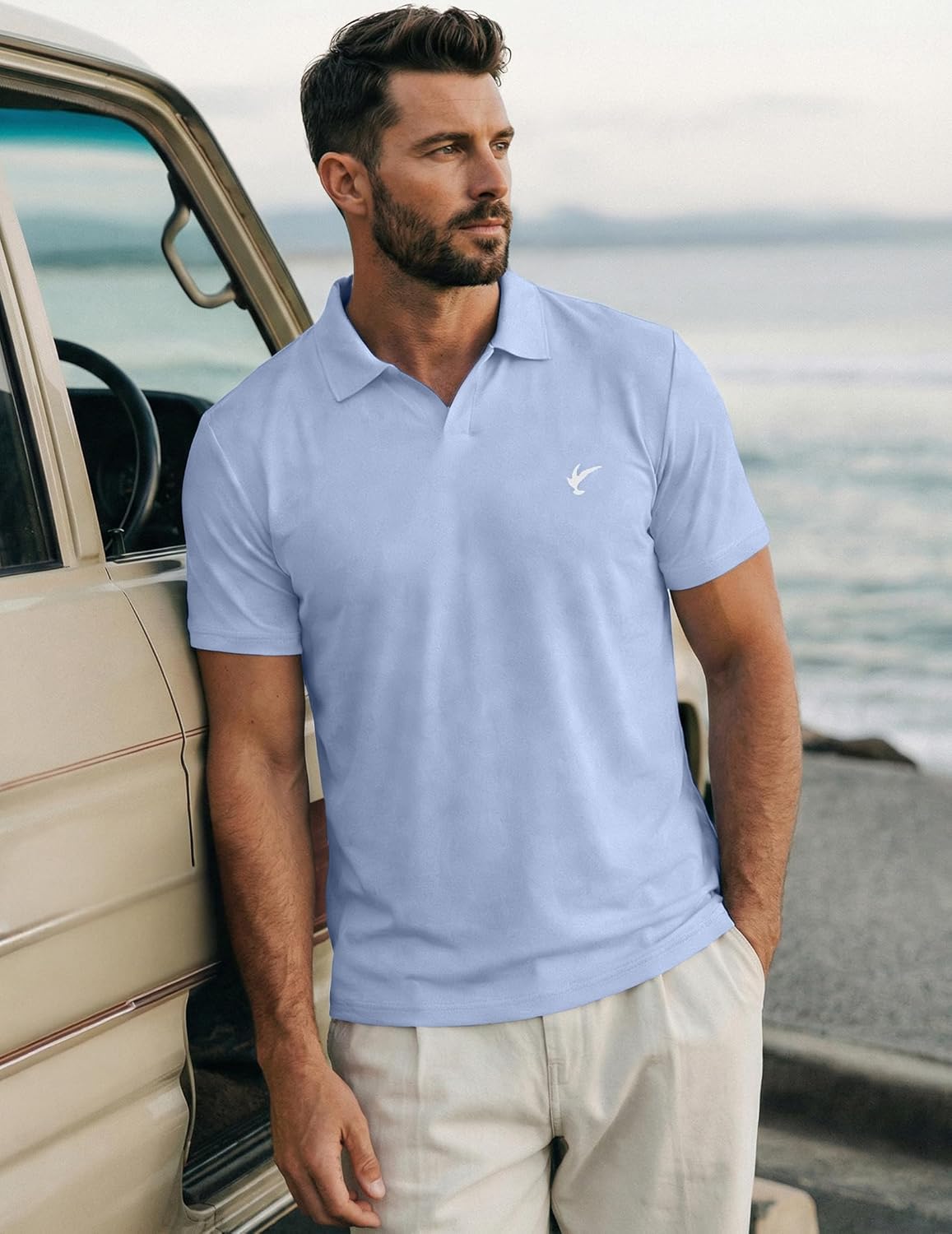 JMIERR Mens Casual Polo Shirt Summer Buttonless Short Sleeve Moisture Wicking Quick Dry Henley Golf Shirts - Image 2