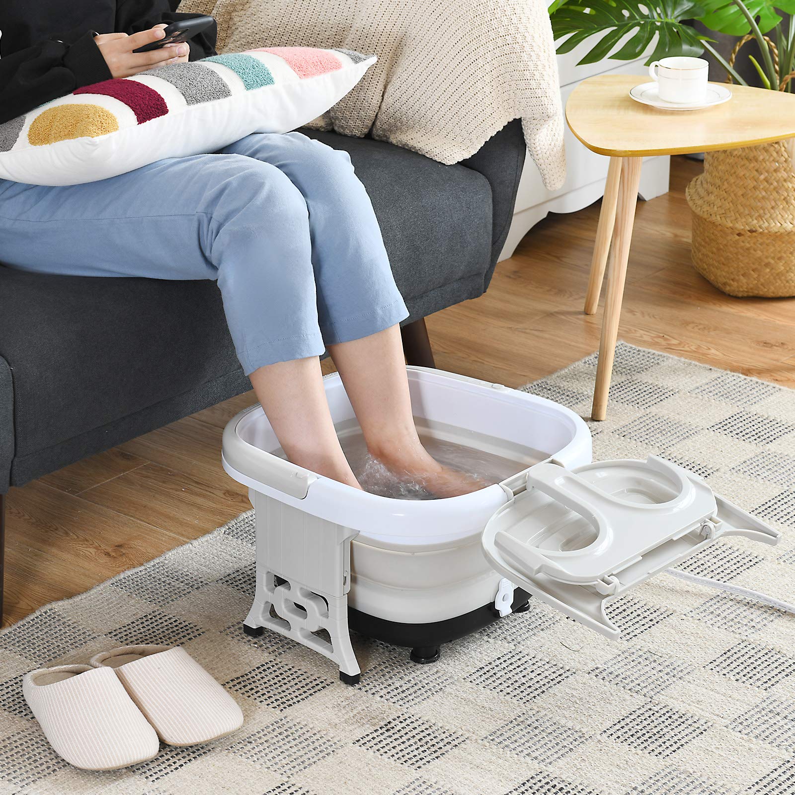 RELAX4LIFE Pediluvio Massaggiatore Piedi con Luce Infrarossa, Scalda Acqua Fino a 48°C, Massaggiatore Piedi Pieghevole con Telecomando Portatile, Funzione Calore e Rullo (grigio)