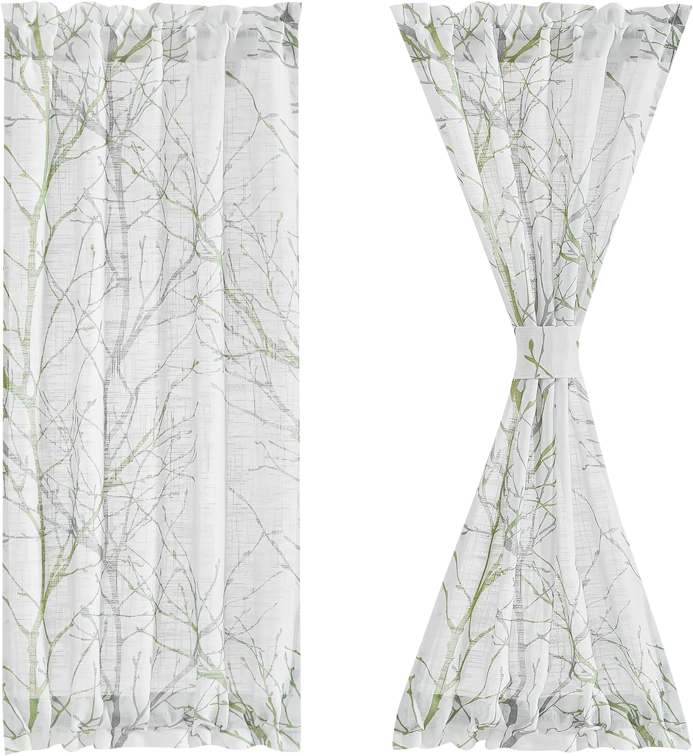 FMFUNCTEX French Door Curtains 72 Inches Long Green and White Semi-Sheer Panel with Matching Tie-Back for Front Doors 50 Inches Wide