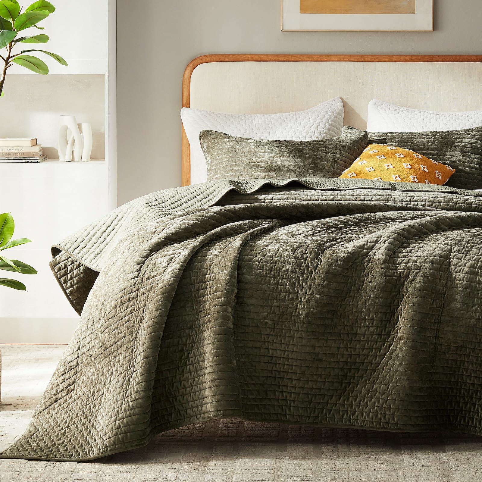 Photo 1 of LEAONME Luxury Velvet Quilt Set King Size 98''x106'', Ultra-Soft Striped Channel Comforter with Exquisite Rice Stitch Detailing, Lightweight All-Season Bedspread Coverlet w/ 2 Shams, Olive Green