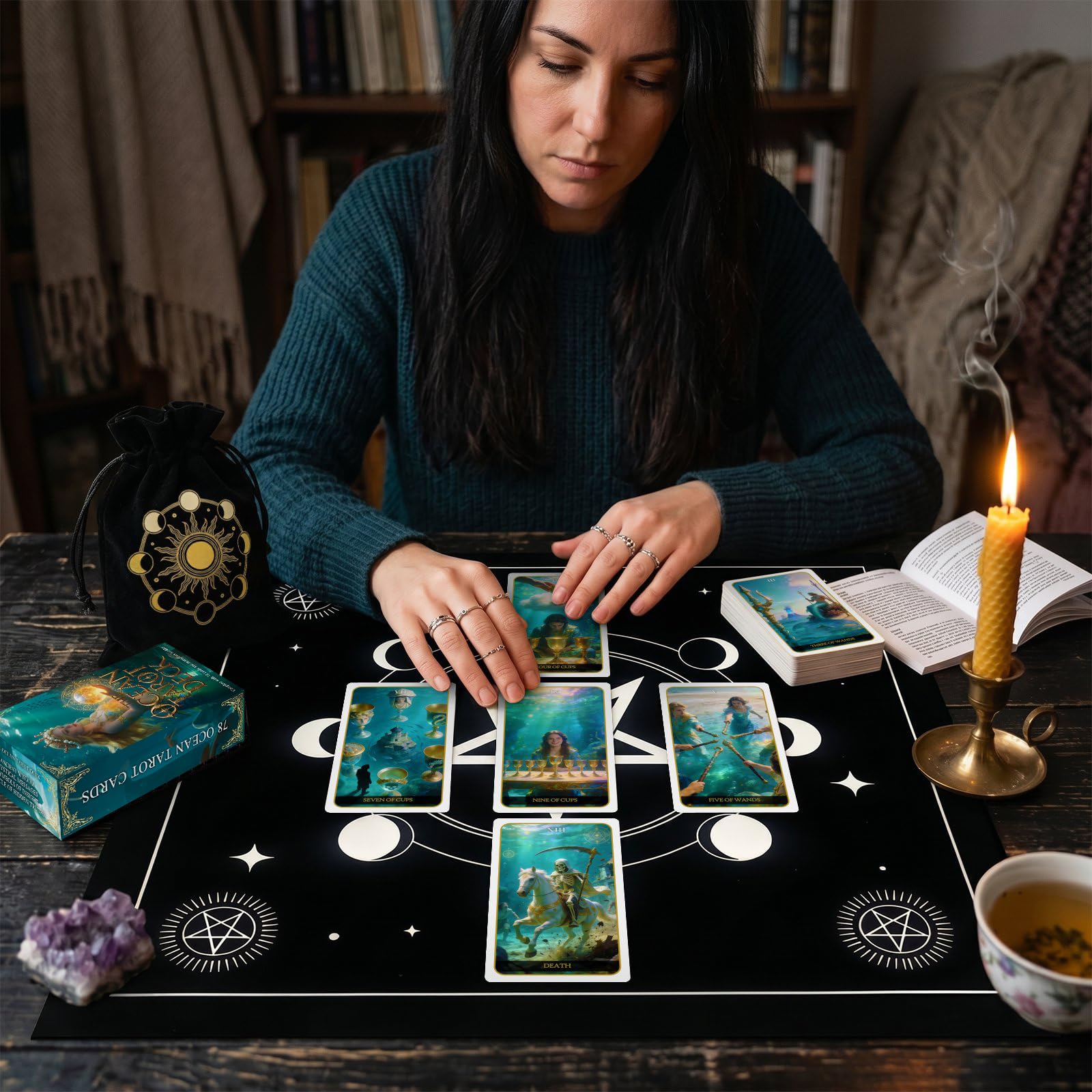 Pacify Mazzo di tarocchi a sirena, mazzo di tarocchi ispirato all'oceano, 78 carte con guida, tarocchi per principianti e divinazione intuitiva