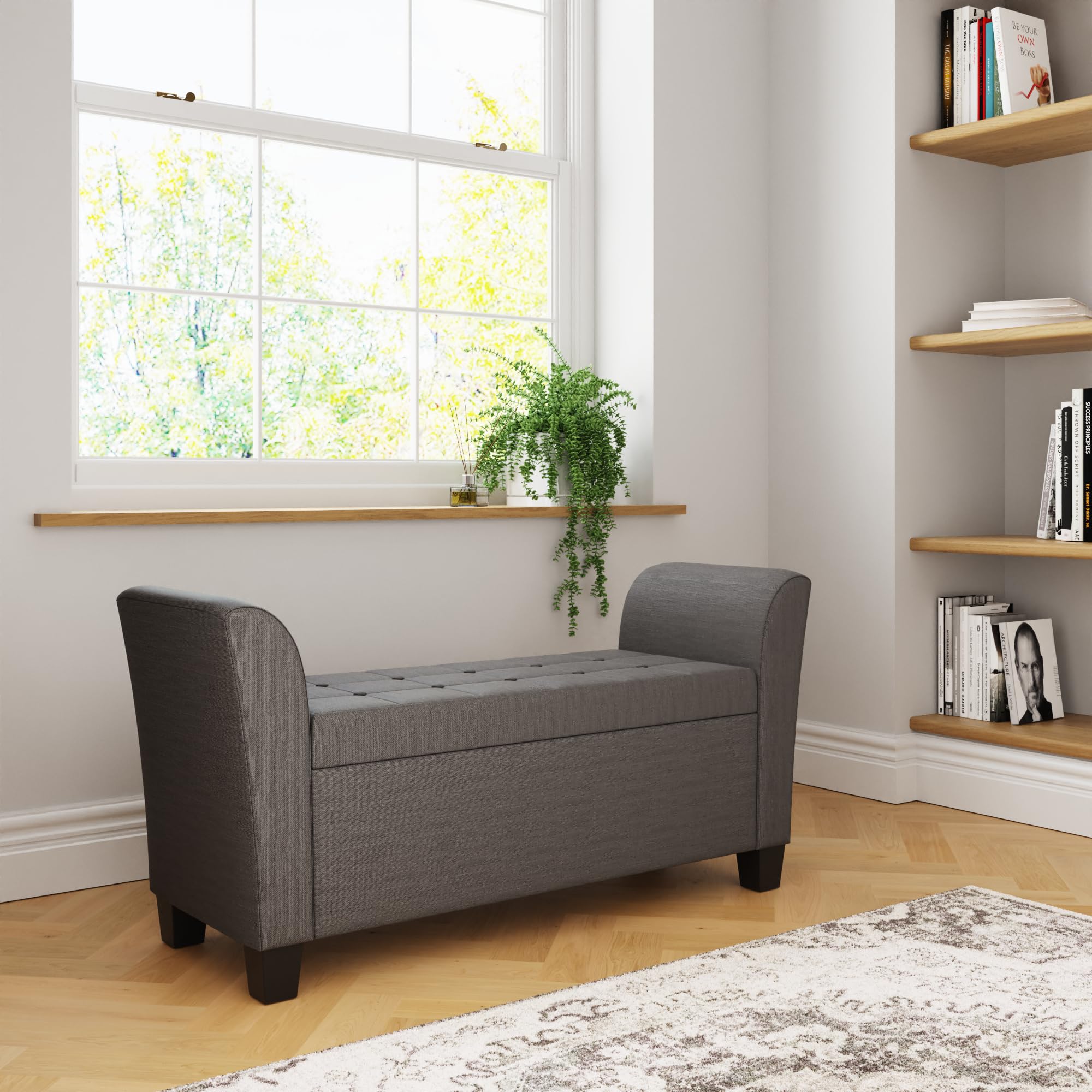 GFW Verona Charcoal Grey Upholstered Window Seat - Hidden Storage - Button Detailing